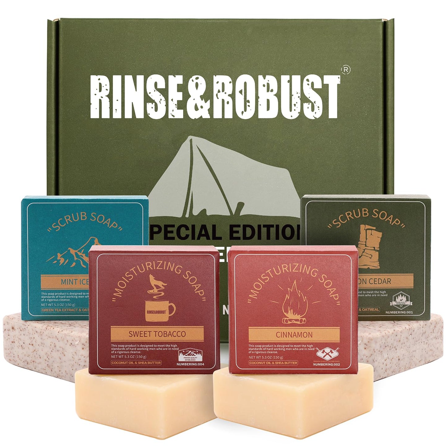 Mens Bar Soap 4Pcs Natural Soap Bar Set Cleansing Bar Moisturizing&Exfoliating Scrub Soaps Gift Set Travelling for Men Face Body Beard Wash 5.3 oz of