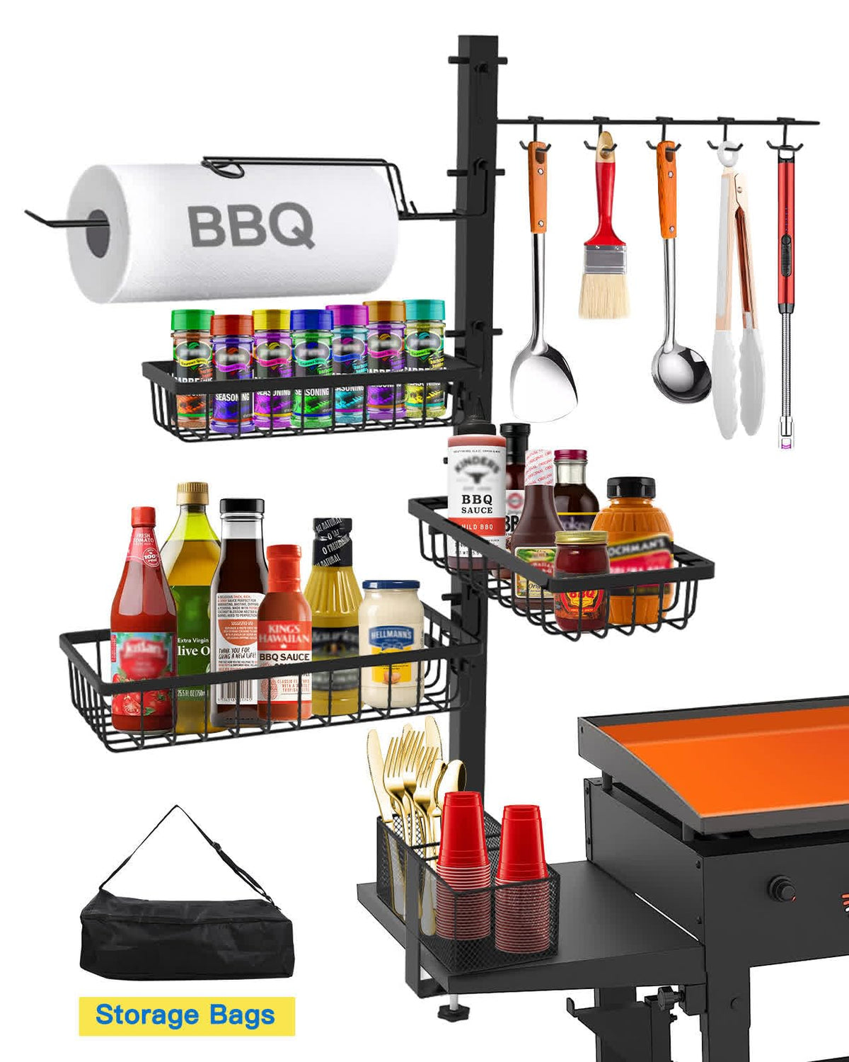CONCONS Grill Caddy, BBQ Outdoor Kitchen Accessories for Camper, Barbeque Grill Accessories, Camping Kitchen, Barbeque Caddy for Outdoor Grill, Picnic