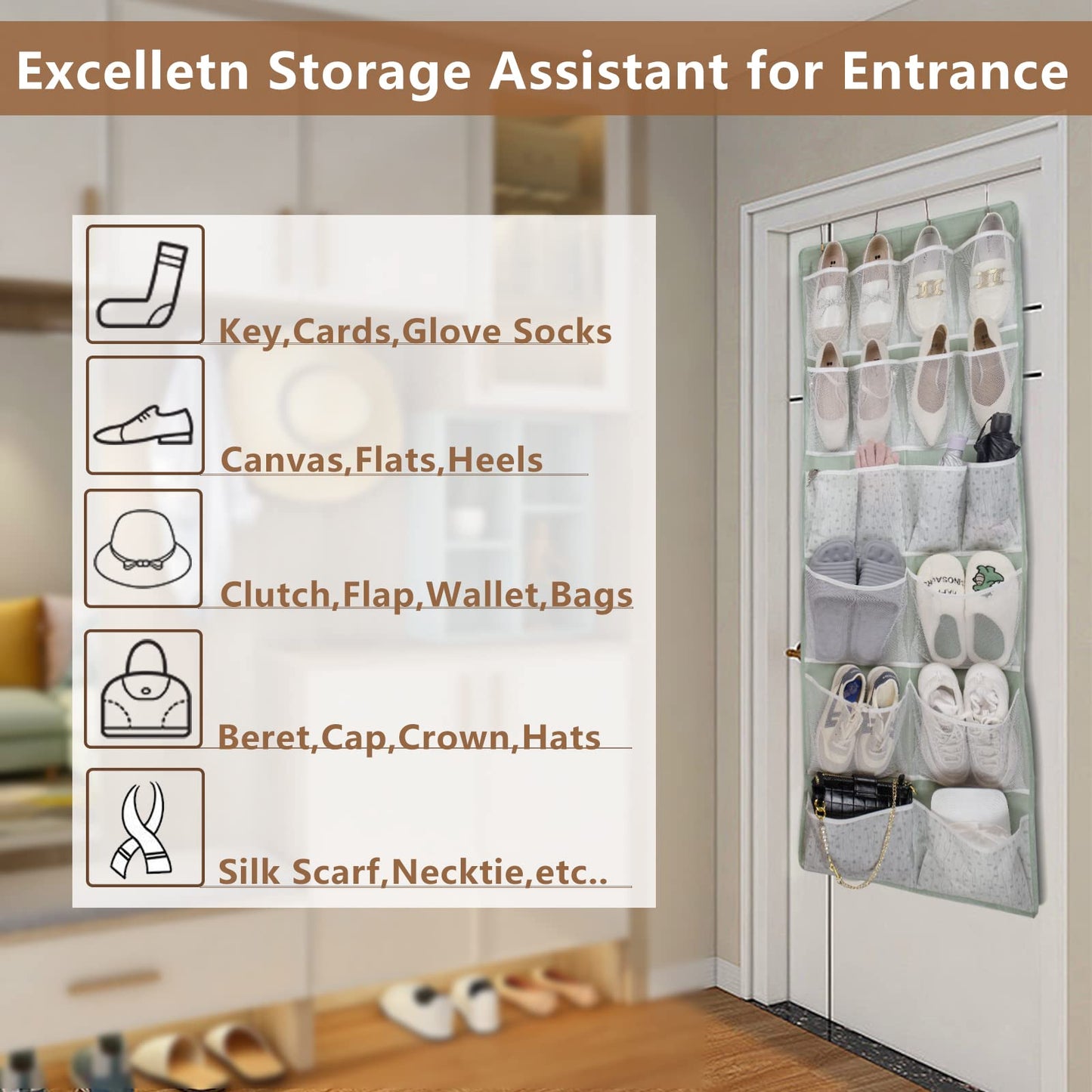 2-Pack 18 Pockets Over Door Hanging Shoes Organiser with 4 Kinds Pouch,Behind Closet Hanging Clothes Shelf,Back of Bathroom Door Storage