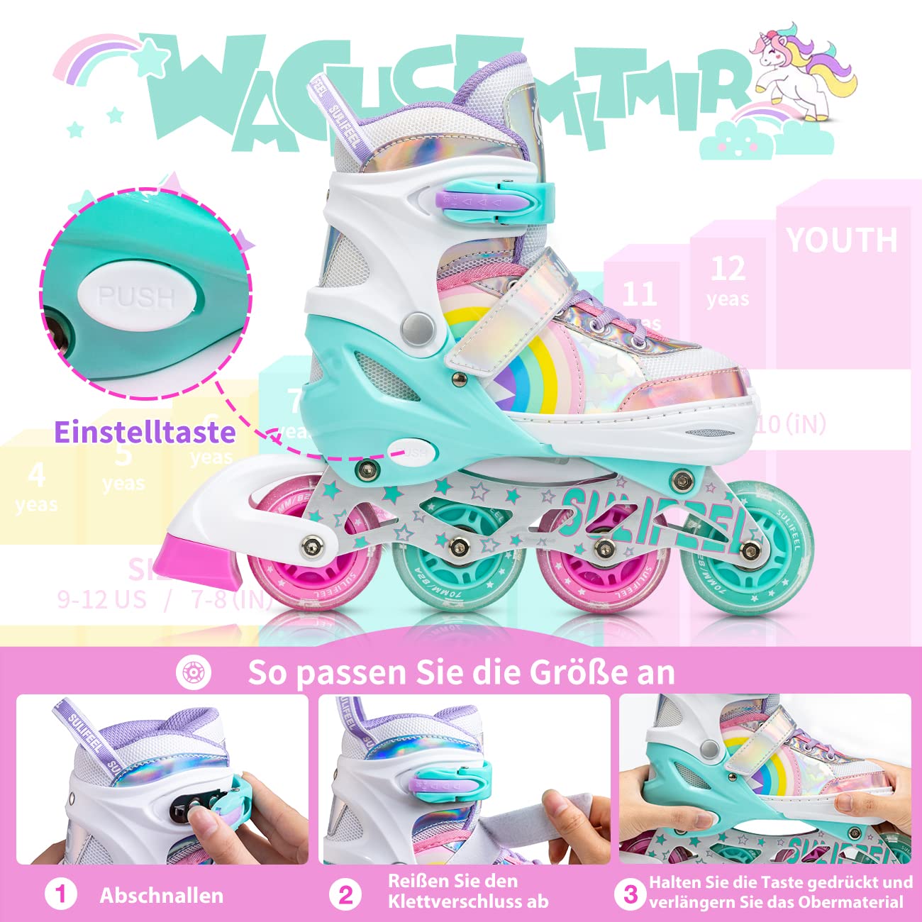 SULIFEEL Rainbow Unicorn Adjustable Light up Inline Skates for Kids Girls and Boys Beginner Skates with Illuminating Wheels,Large