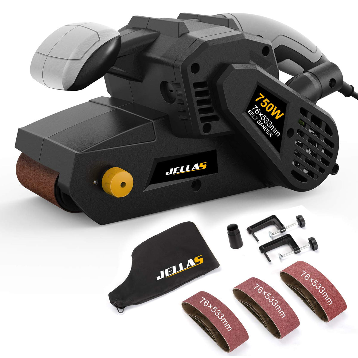 Jellas Belt Sander, 750W Electric Sander, with 10Pcs Sanding Belts and Dust Bag, Bench Sander with Variable-Speed Control, 2 in 1 Vacuum Adapter, 10