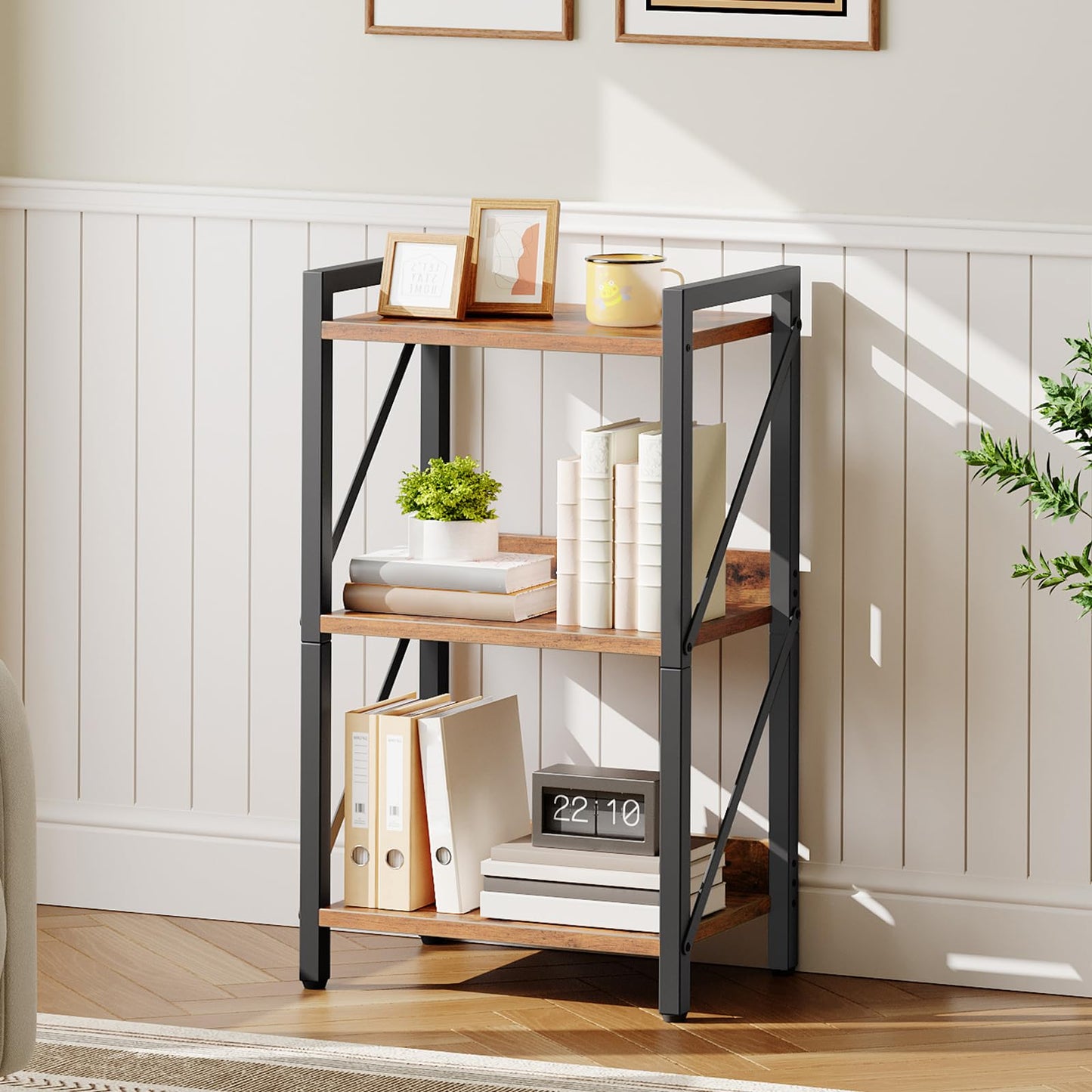 HOOBRO 3-Tier Bookshelf, Industrial Corner Bookcase, Display Rack, Metal Frame, for Living Room, Bedroom, Office, Kitchen, Entryway