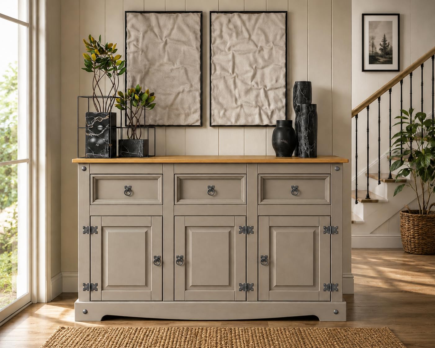 Corona Grey Sideboard 3 Door 3 Drawer Large Solid Mexican Pine Wooden Cabinet with Gunmetal Hardware W 125 cm x D 40 cm x H 76 cm