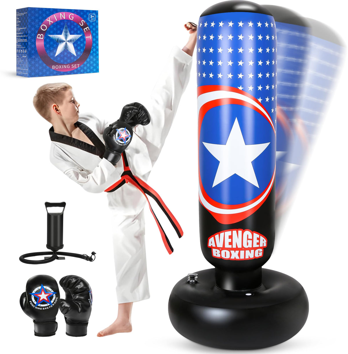YasinKidz Punching Bag for Kids, 66 Inch Large Inflatable Kids Boxing Bag Set for Boys & Girls Age 3-14, Free Standing Punch Bag with Boxing Gloves