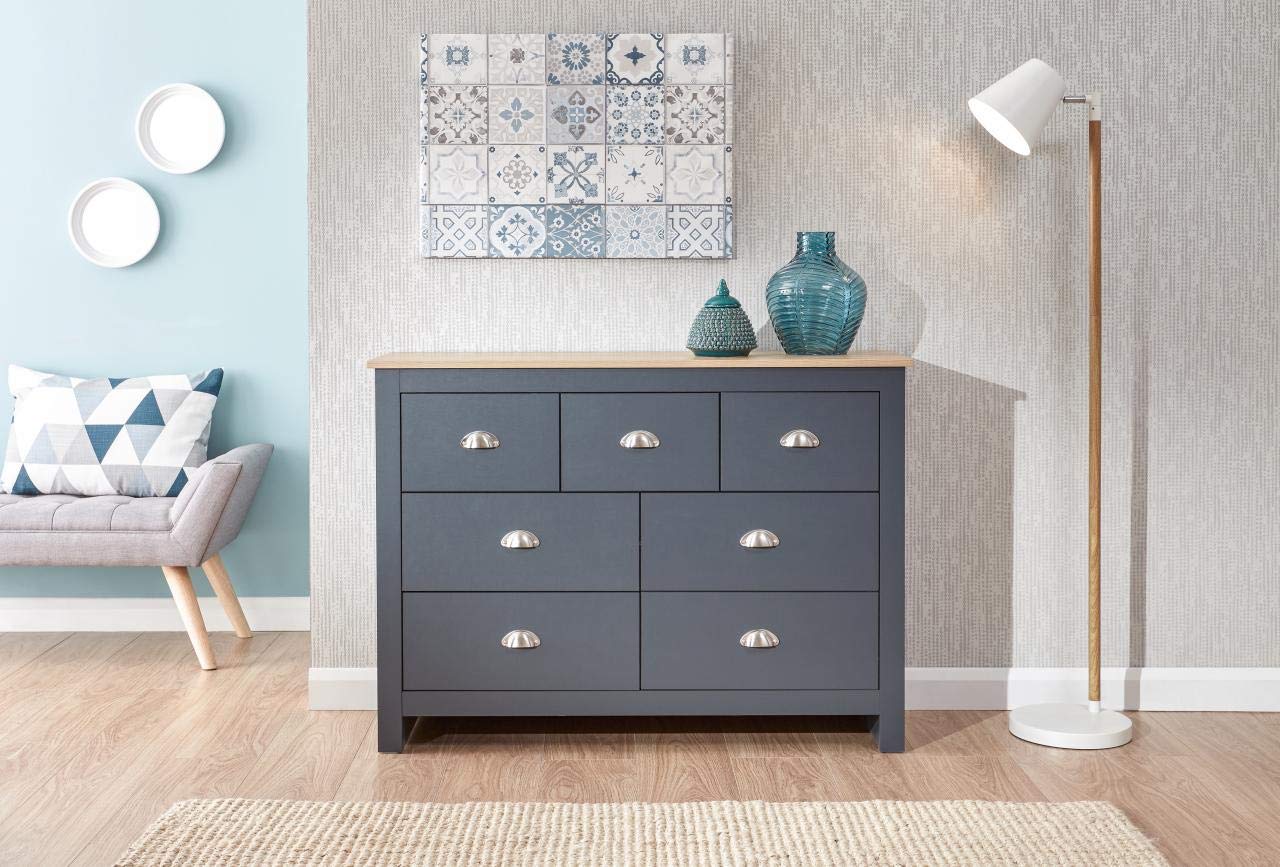 GFW Lancaster Slate Blue and Oak 7 Drawer Merchant Chest of Drawers, Country Style Bedroom Storage Unit with Oak Effect Top