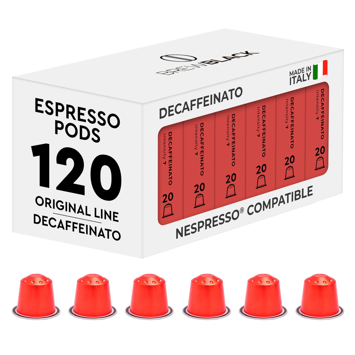 BrewBlack Decaffeinato Coffee Capsules - 120 Aluminium Coffee Pods Compatible with Nespresso Original line, Medium Roast - Intensity 7/12, Made in