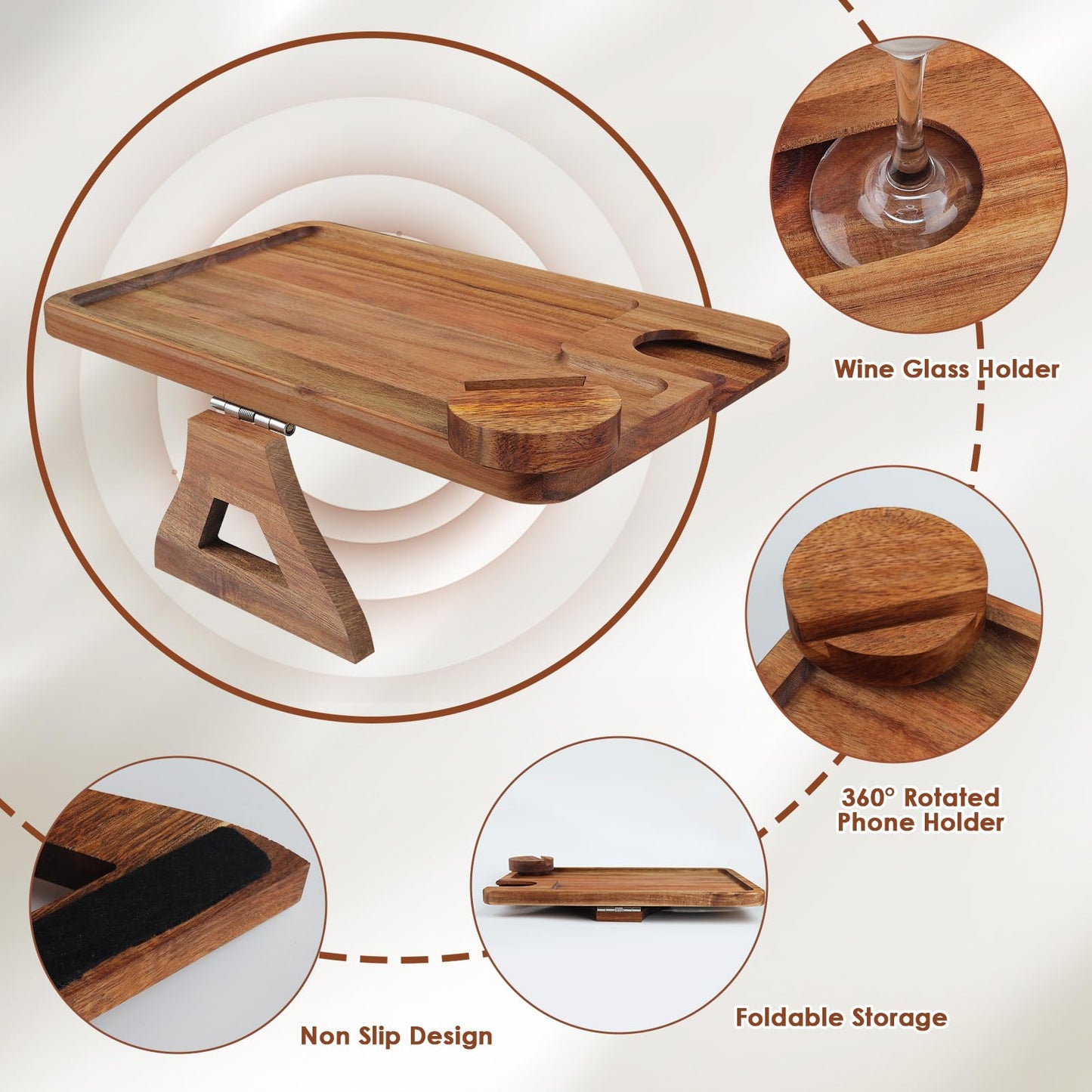 comfoyar Sofa Arm Tray, Foldable Acacia Wood Clip On Sofa Armrest Table