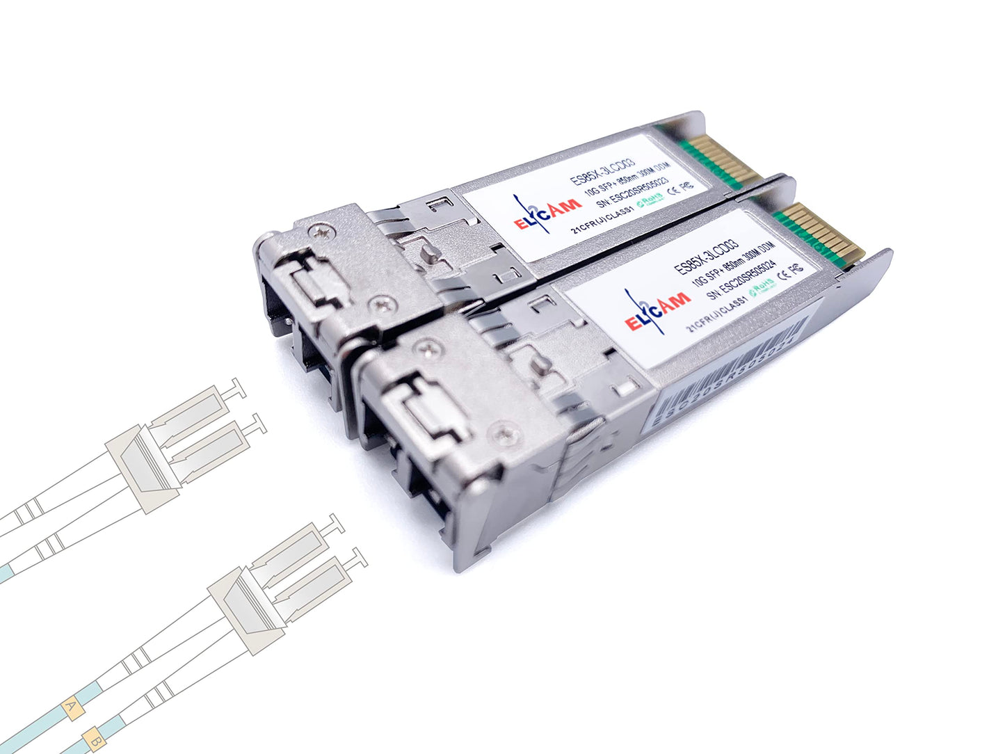 Elfcam? - Set of 2, 10Gb SFP+ Fibre Optic Transceiver Module, LC/UPC DM Connector (OM3 / OM4), 10GBase-SR SFP+, 850nm DDM 300M, Compatible with