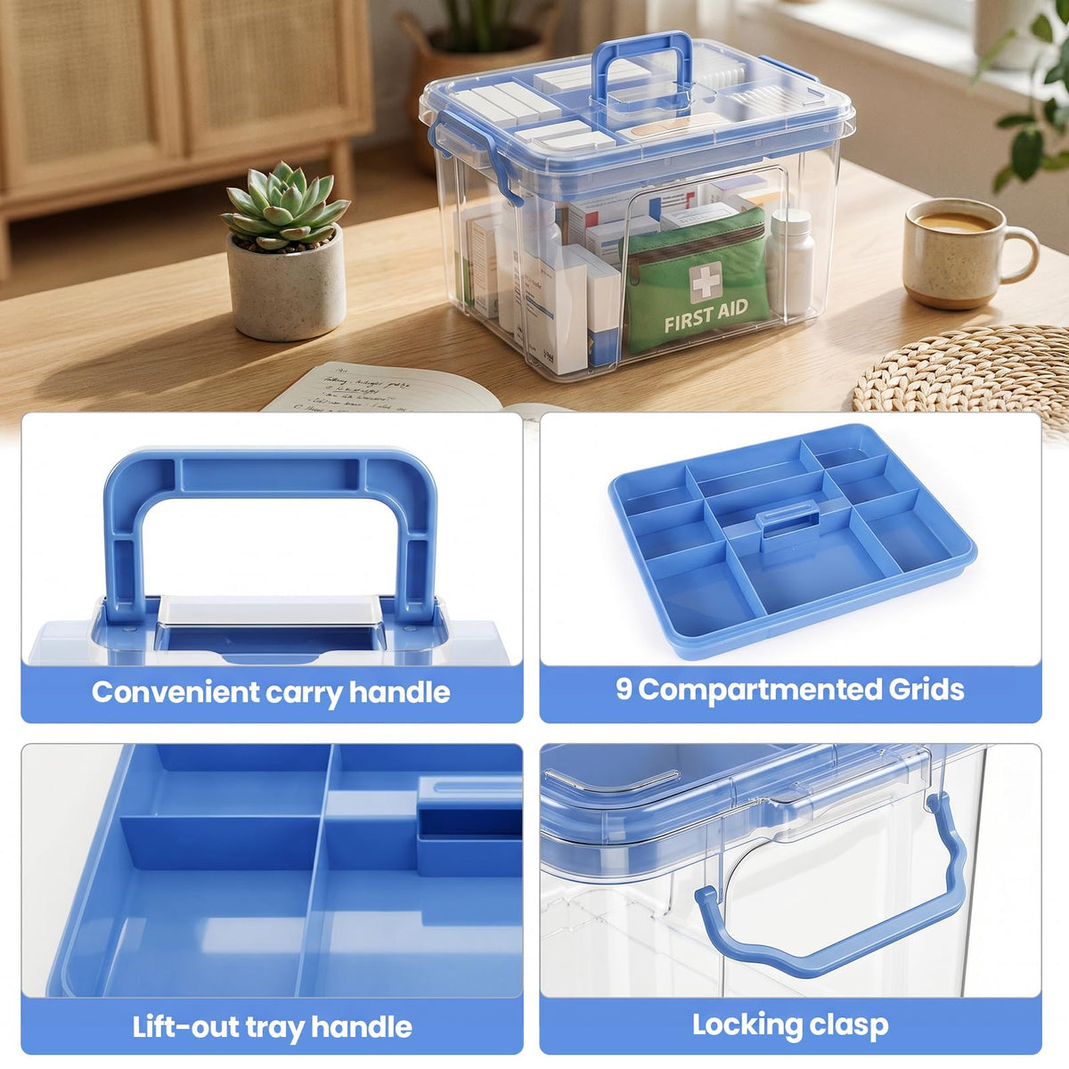 Stidyzo Medicine Storage Box, 2-Layer Medicine Organiser with Lid, Blue