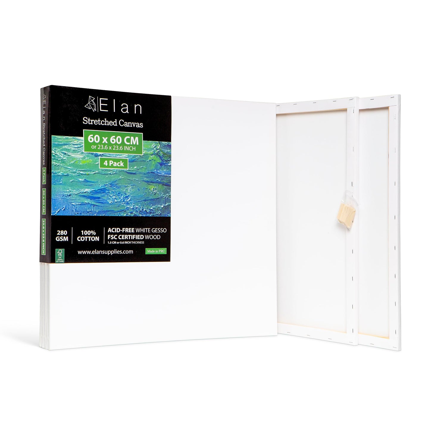 Elan Stretched Canvases 60x60 CM, 4-Pack Large Canvas for Painting 280 GSM, Triple Primed Large Stretched Canvas for Painting 60x60 CM