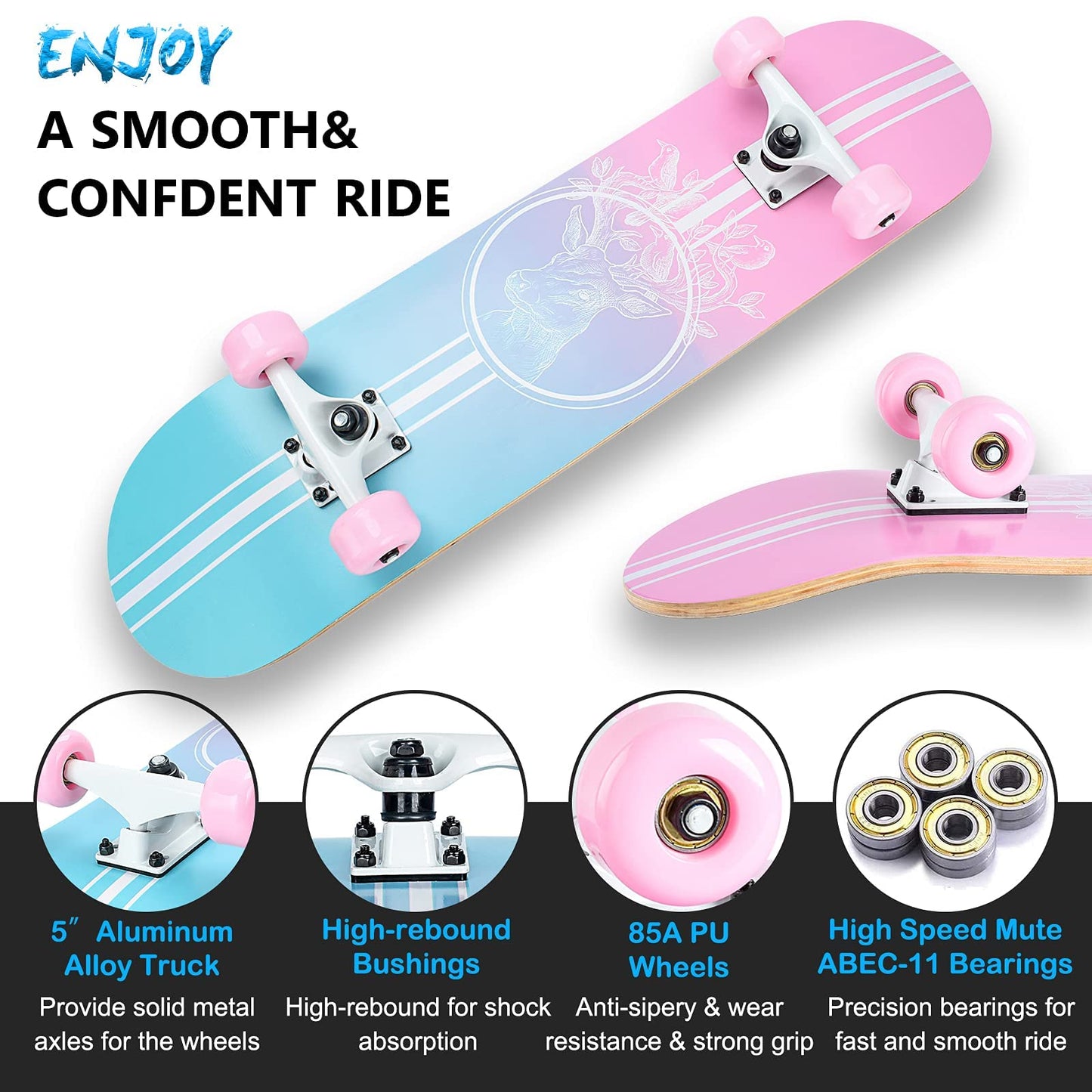 Skateboard,31 x 8 Inch Complete Skateboard, 8-Layer Maple Wood Deck Double Kick Standard Skateboards for Kids, Teens, Adult, Beginner (Pink)