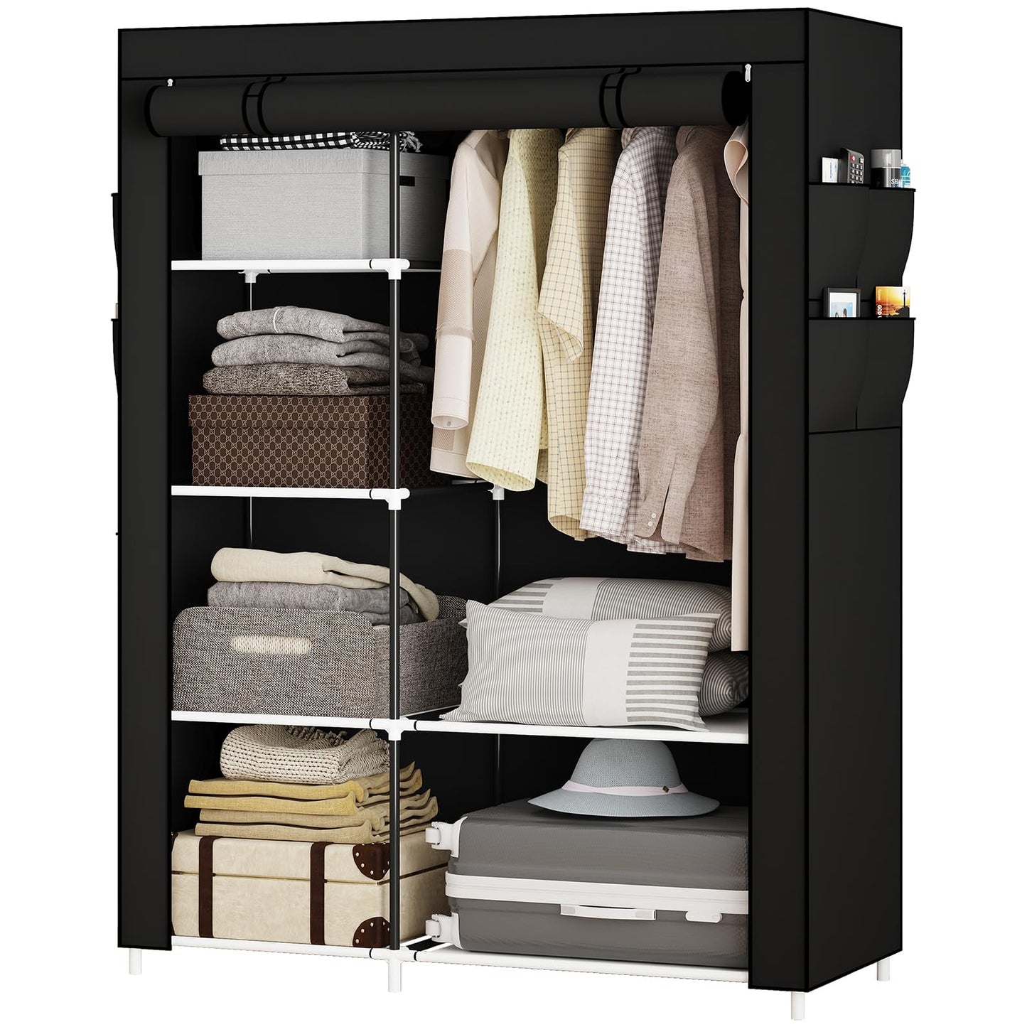 OPPAIYA Canvas Wardrobe for Bedroom, Fabric wardrobes carries five storage boxes, one hanging rail and four side pockets, 105 x 45 x 165 cm