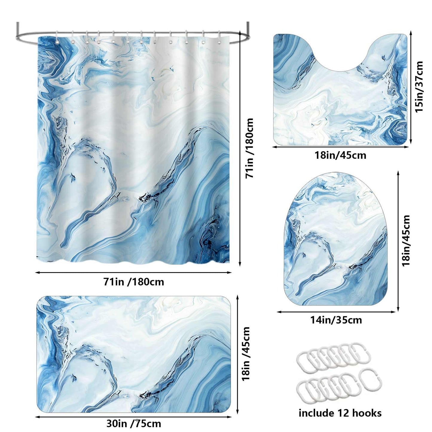 AIBIIN Marble Shower Curtain Sets 4 Piece Abstract Blue Shower Curtain Set with Non-Slip Rugs, Modern Toilet Lid Cover and Bath Mat