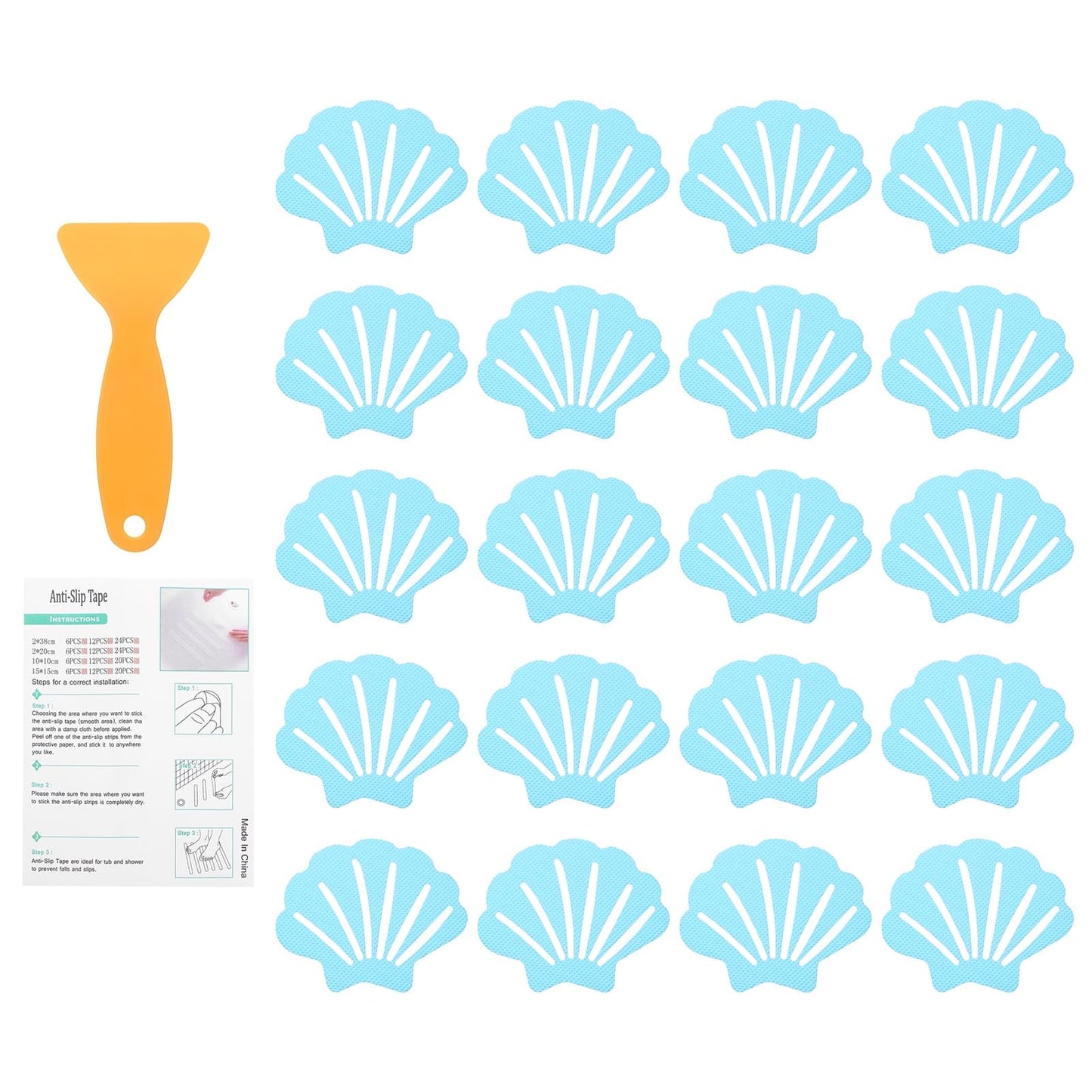 sourcing map 20Pcs Non-Slip Bathtub Stickers, 9x7 cm Shell Shape Shower Floor Non Slip Stickers with Scraper for Bathroom Shower Stairs Ladders, Blue