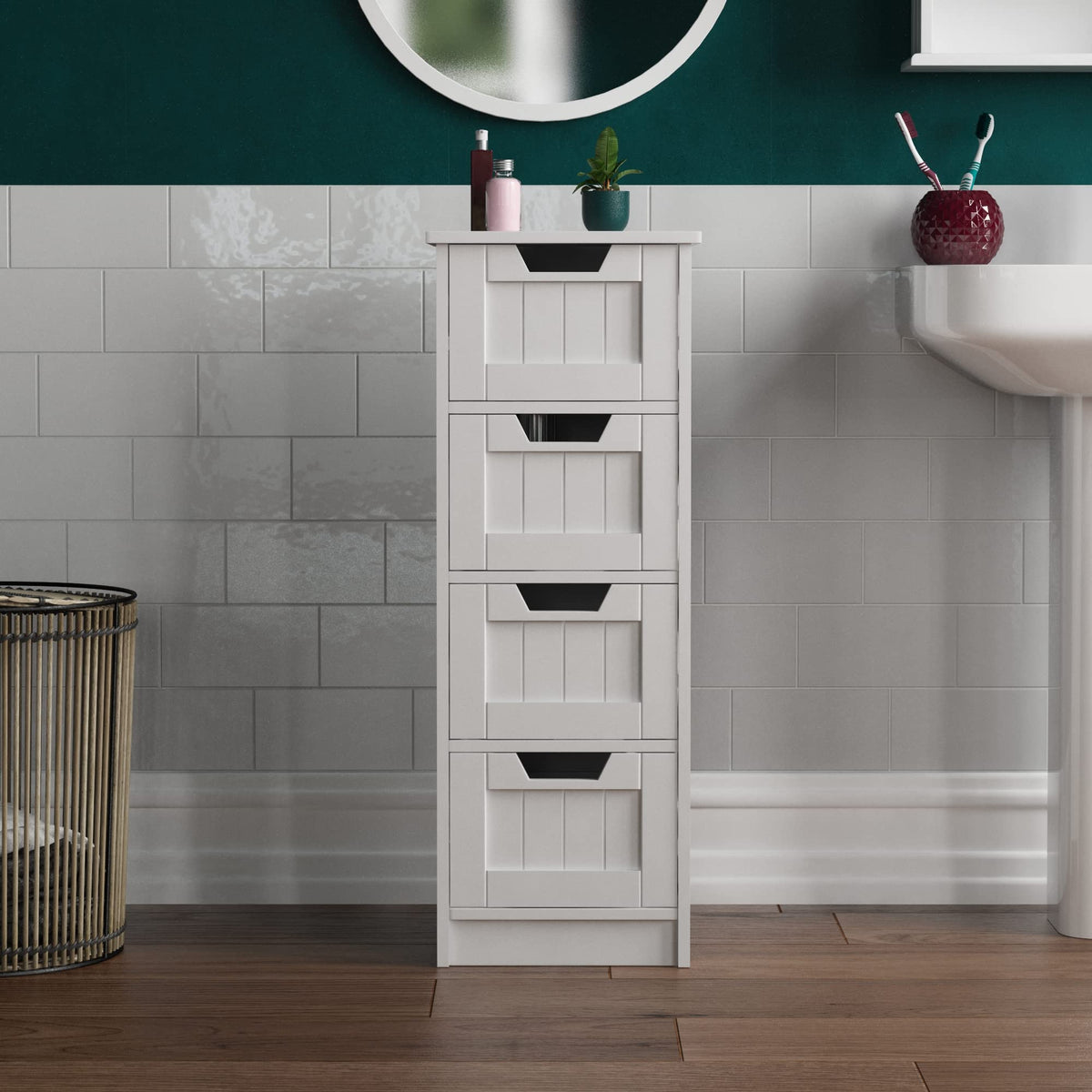 Bath Vida 4-Drawer Floor Standing Cabinet Unit Bathroom Storage, Wood, White