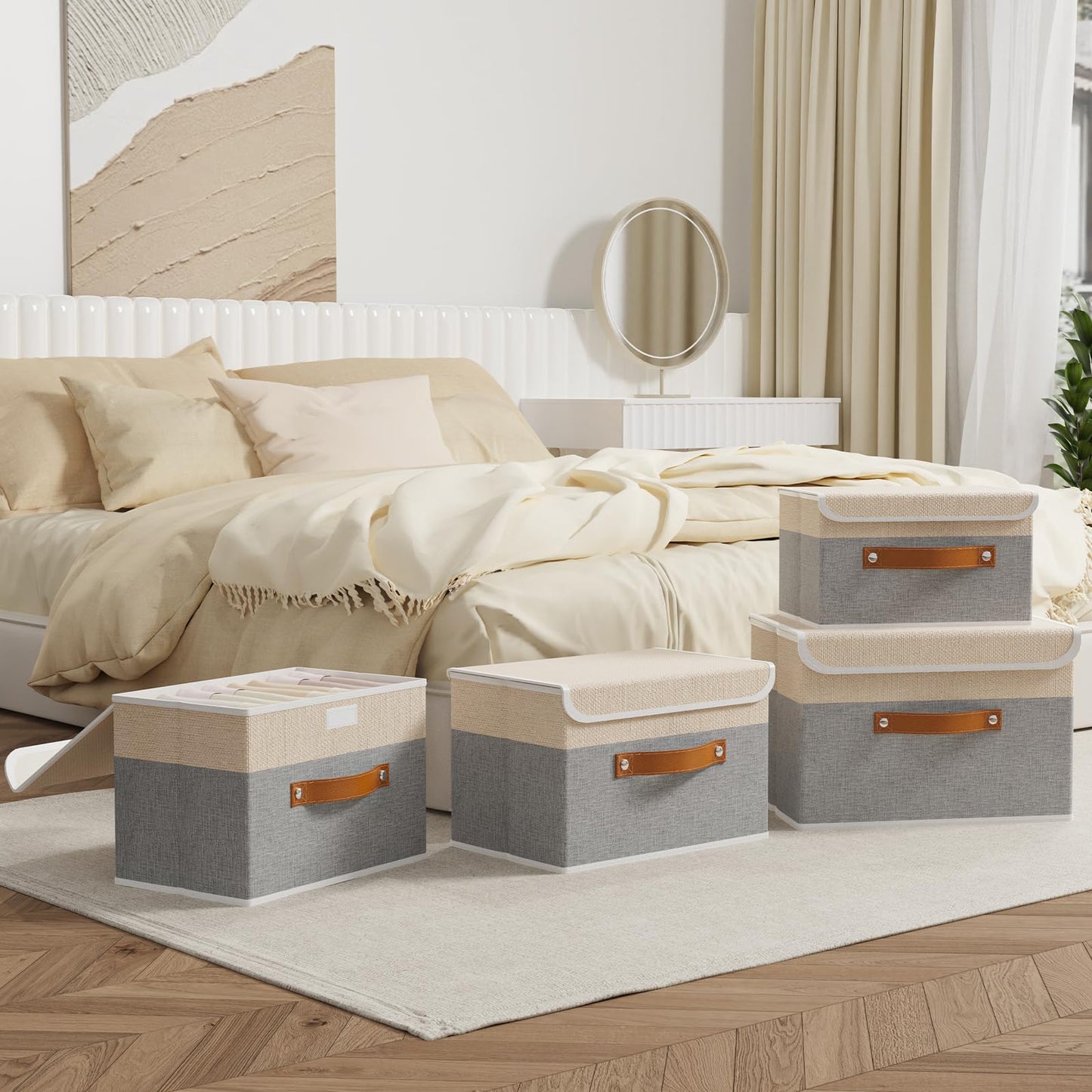 OUTBROS 1 Pack Fabric Storage Boxes with lids, 38x25x25cm Beige/Grey