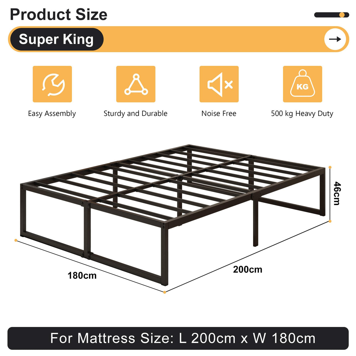 Yicensen Super King Bed Frame 180x200 cm, Easy Assembly, Noise Free, Black