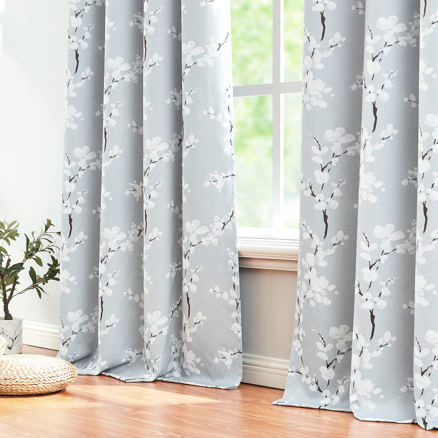 Fmfunctex Grey Floral Blackout Curtains for Bedroom 54 inch Drop Eyelet Curtains for Living Room Nursary Blossom Thermal Insulated Window Curtain