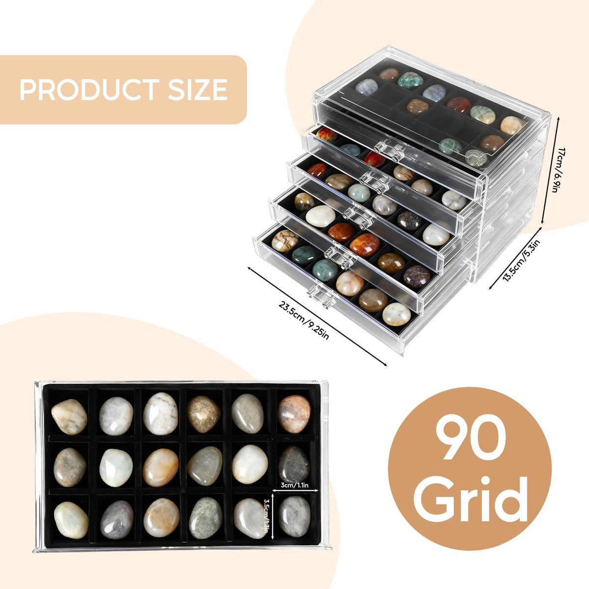 Rock Display Case, 5 Drawers 90 Grids Rock Collection Box Rock Collection Display Case Clear Crystals display Case Storage Cases for Small Rocks