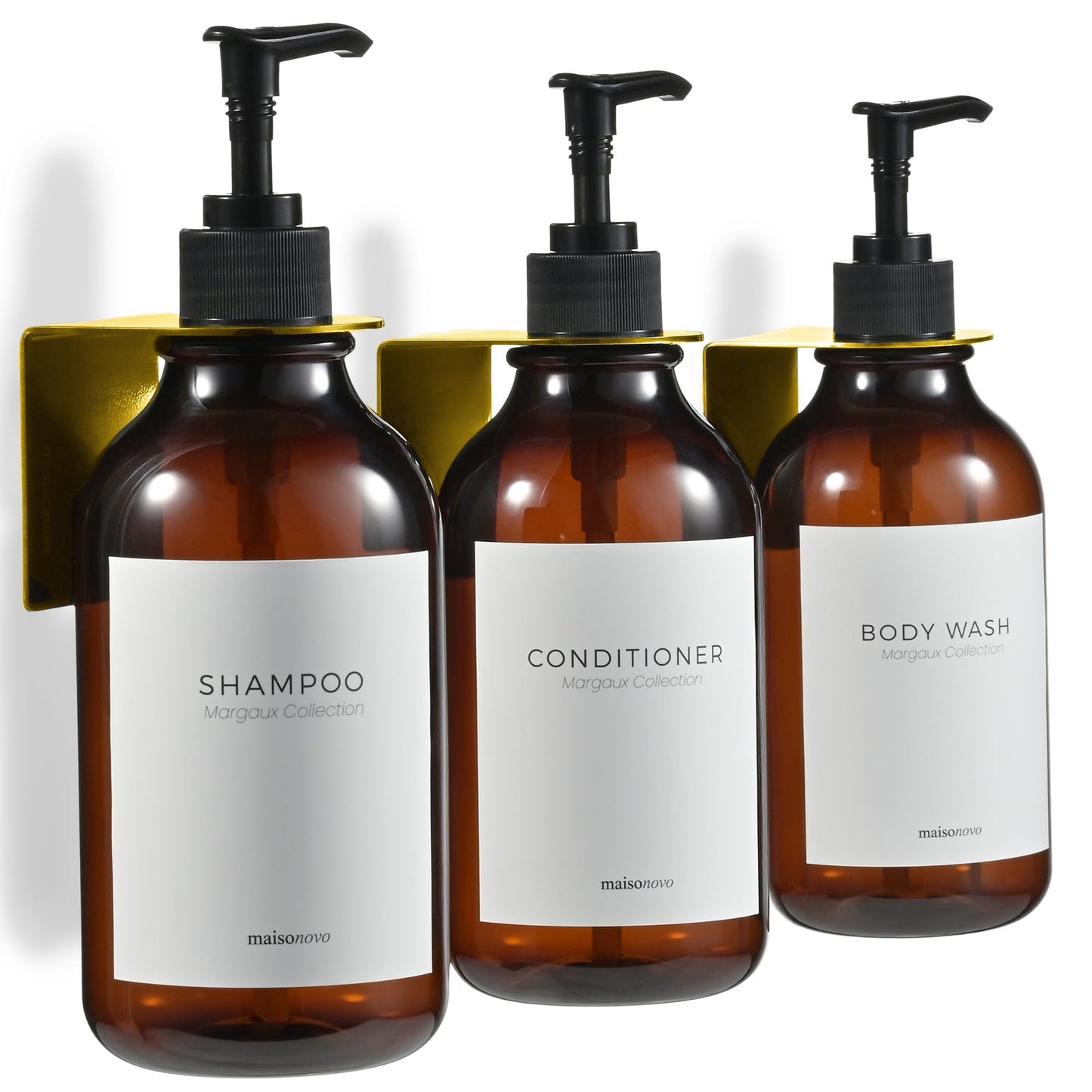 MaisoNovo Shampoo and Conditioner Dispenser - Set of 3 Shower Soap Dispenser Wall Mounted - 500ml Amber Plastic Bottles with Black Pump