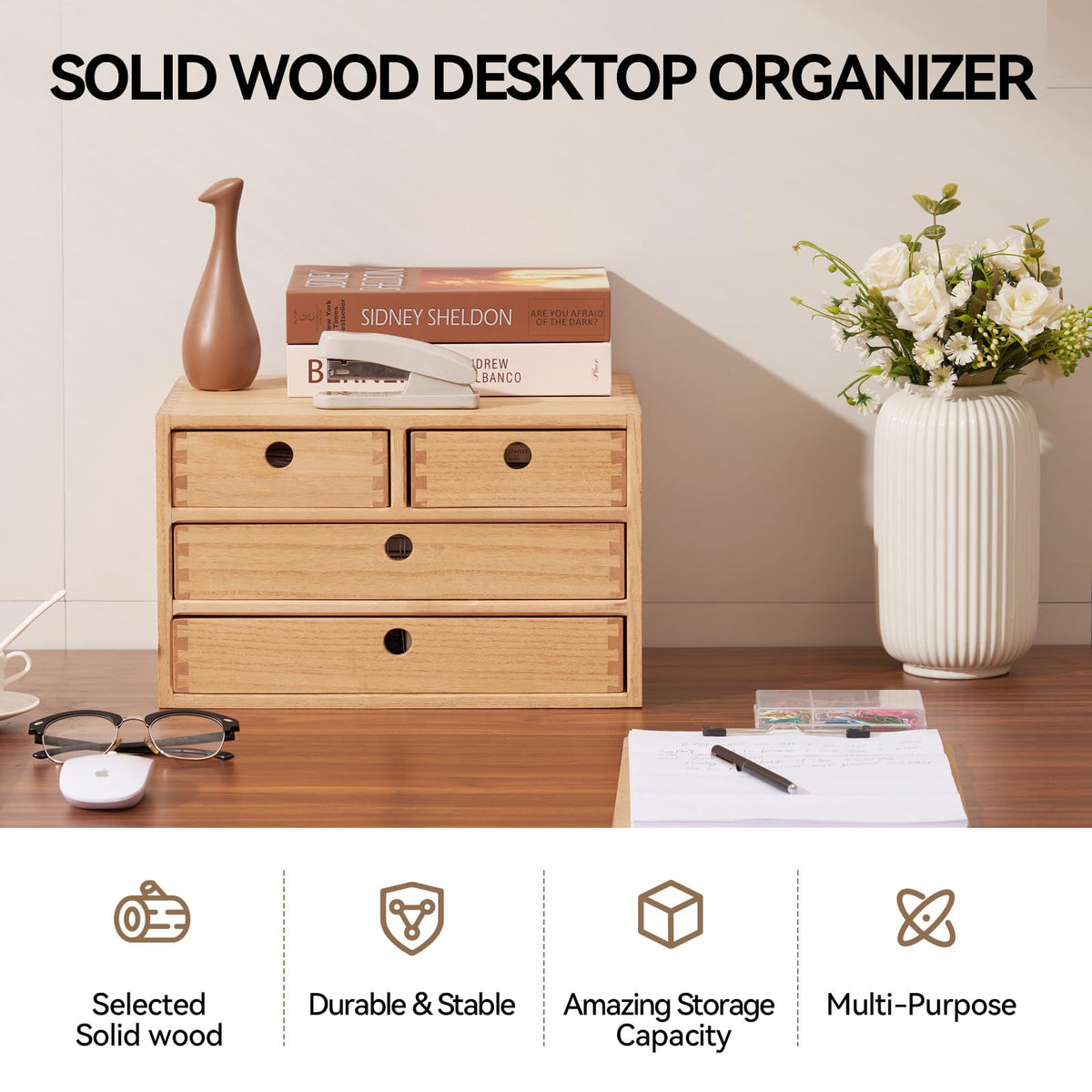 KIGIREN Wood Desktop Organizers with Drawers Home Workspace Office Supplies Wooden Storage Box Shelf Case Hold Makeup Box with 4 Drawers Natural