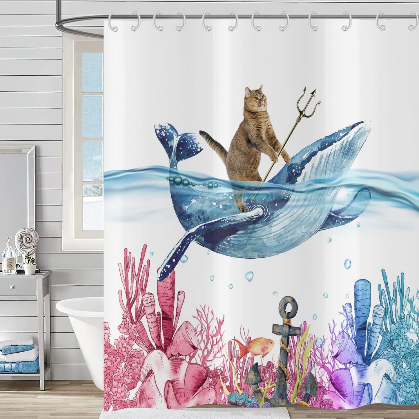 Funny Cat Shower Curtain 180x180, Hnmdmyi Cute Kitten Riding Whale Shower Curtains Ocean Coral Seaweed Tropical Fish Kids Children Bathroom Curtains