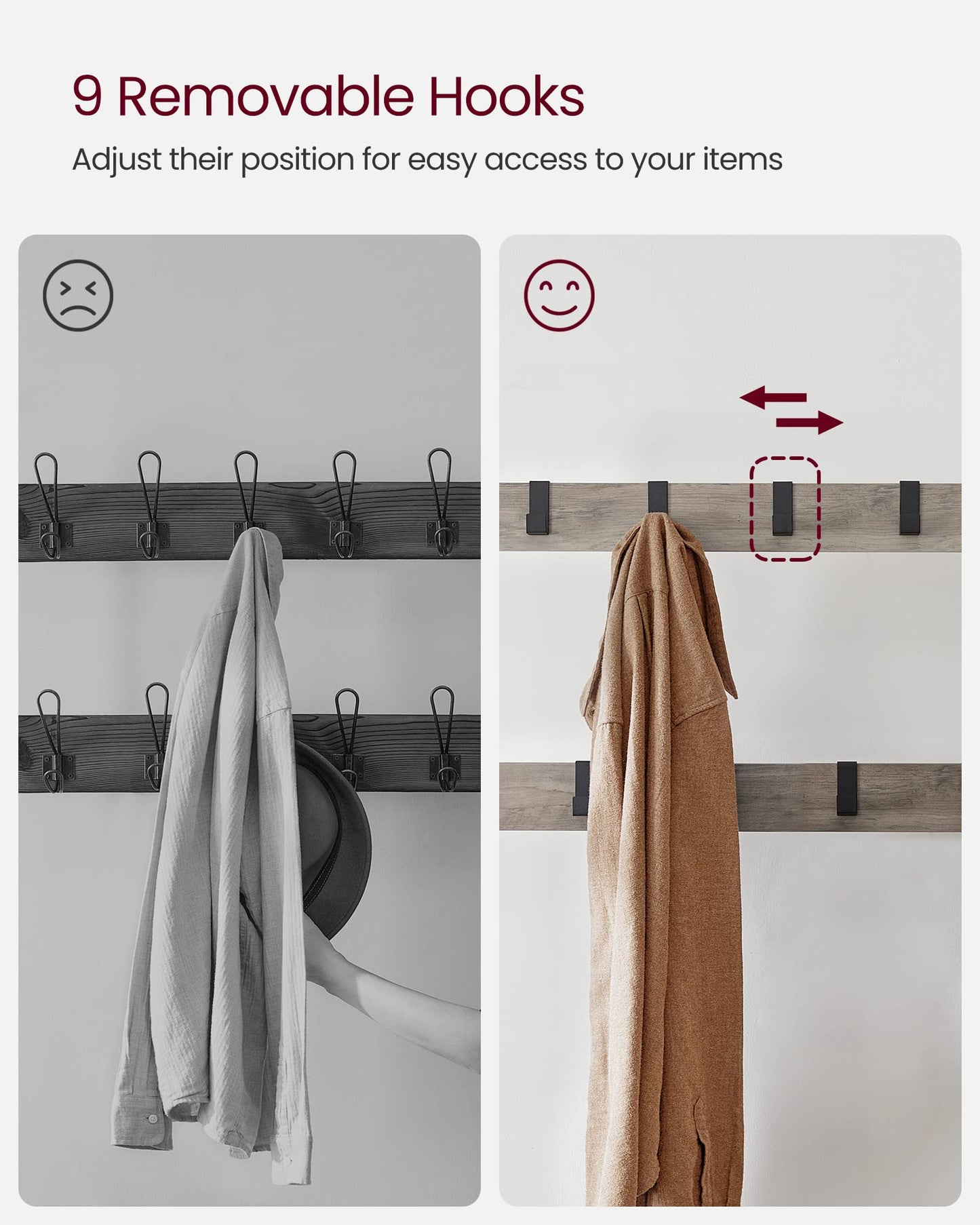 VASAGLE Coat Rack, Coat Stand with Shoe Storage Bench, 4-in-1 Design, with 9 Removable Hooks, a Clothes Rail, for Hallway, Entrance, 34 x 72 x 183 cm,