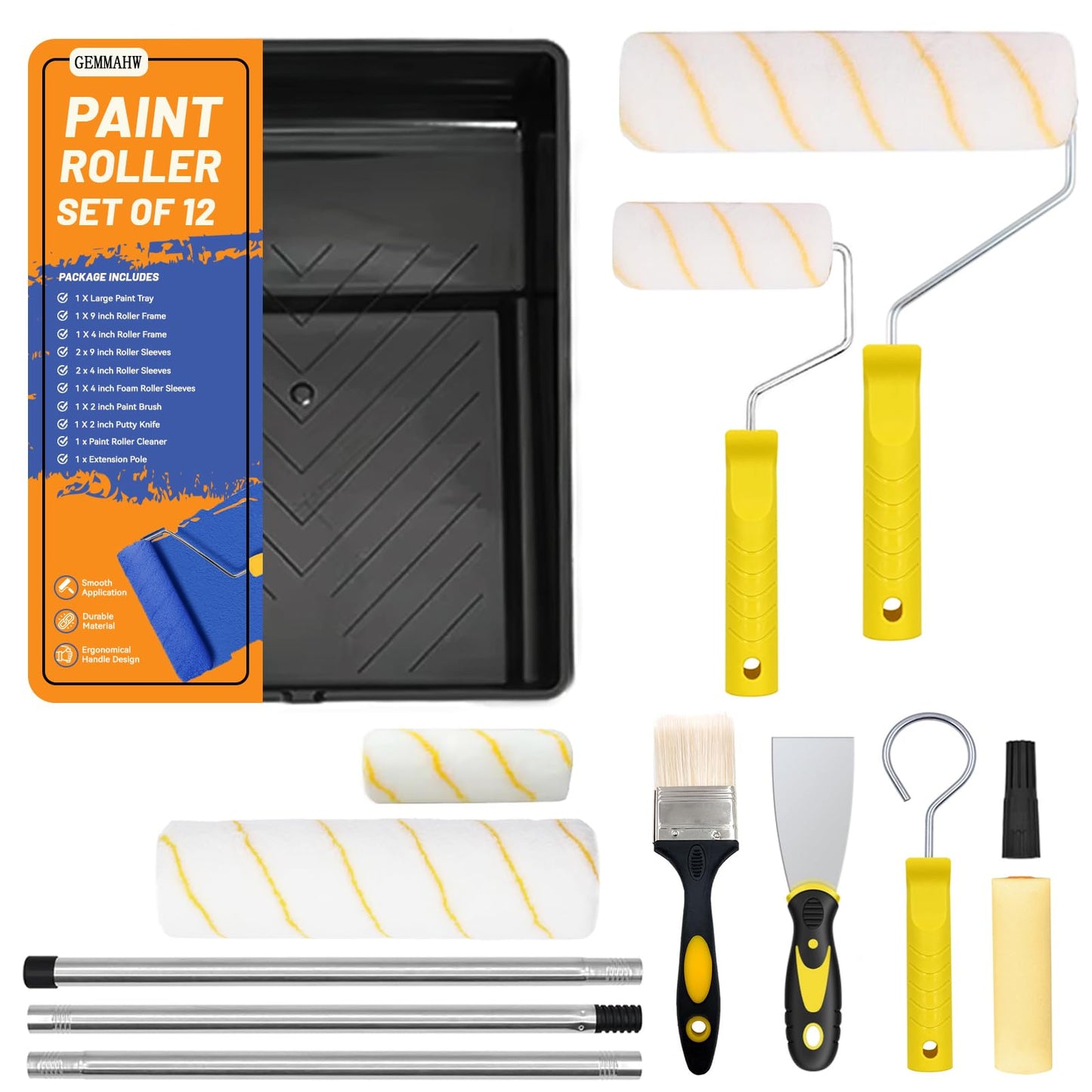 Paint Roller Set 12 Pieces, Professional Paint Rollers and Trays Sets, 9 inch Painting Roller Set with Extension Pole, Paint Brush, 5 Roller Sleeves -