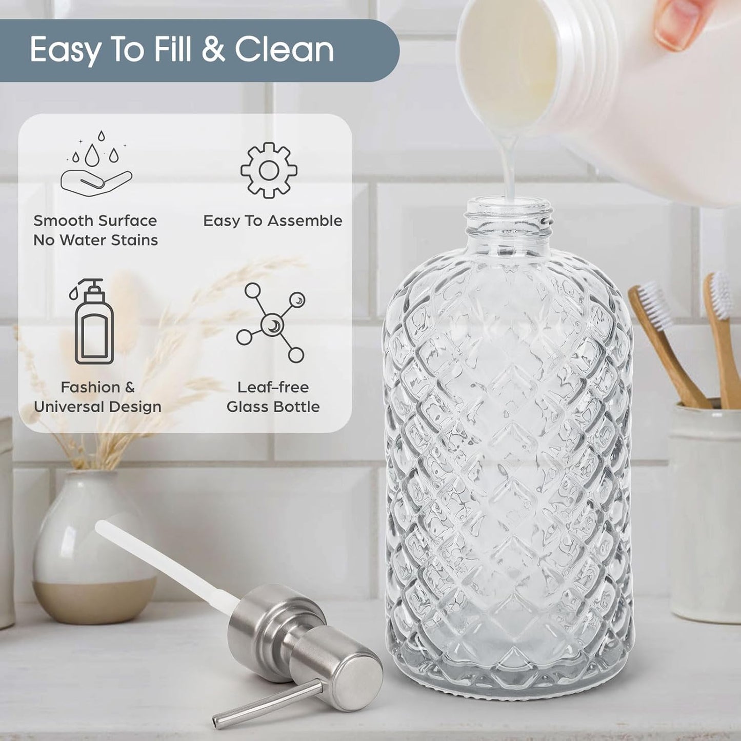 Topsky Glass Soap Dispenser with Silver Metal Pump 400ml Transparent