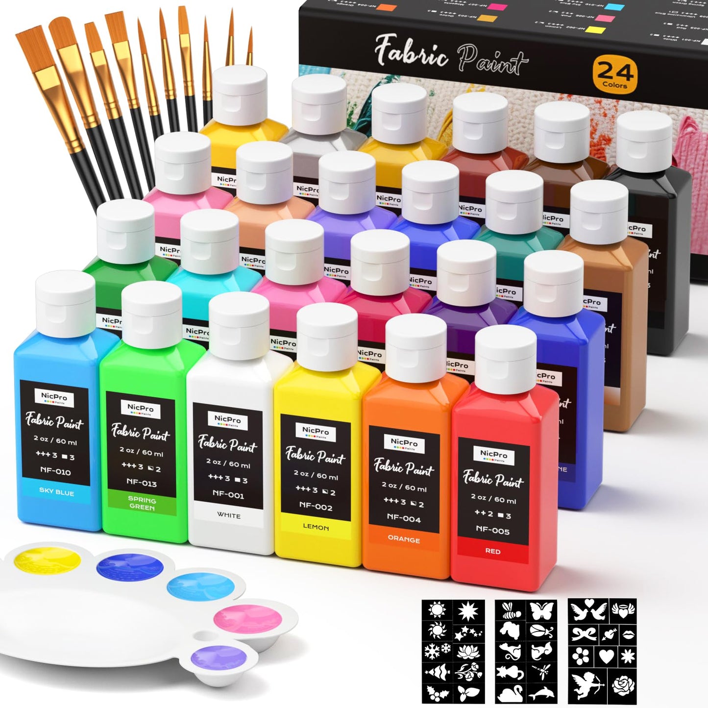 Nicpro 24 Colors Fabric Paint (2oz/60ml), Permanent Soft Fabric Paint Set with Brushes, Palette, Stencils, Non-Toxic Textile Paints for Fabric DIY