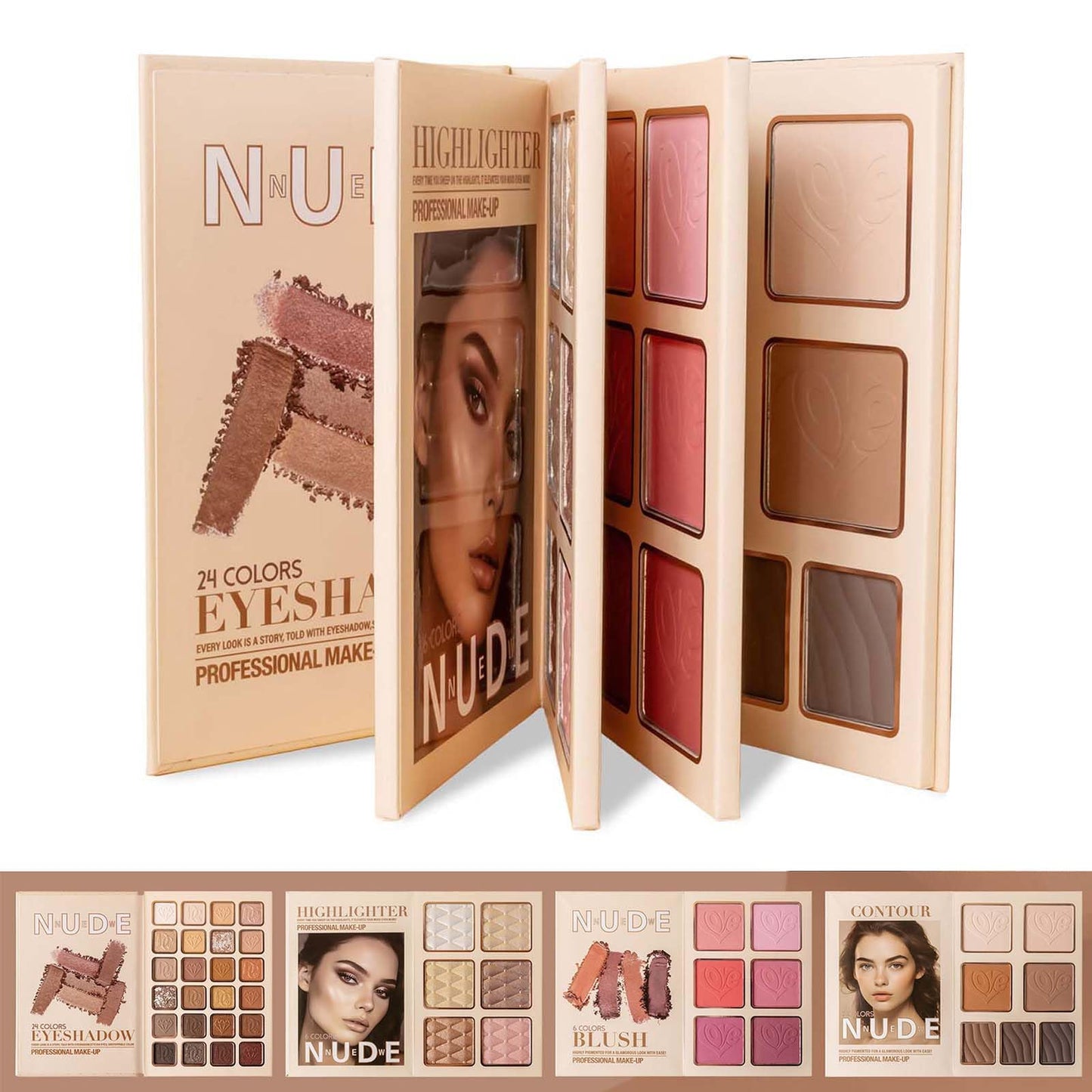 Makeup Palette,Eyeshadow & Highlighter & Blush & Contouring,4-Layer Book-Style Foldable Makeup Palette Set,Matte Glitter Metallic Shimmer, Highly