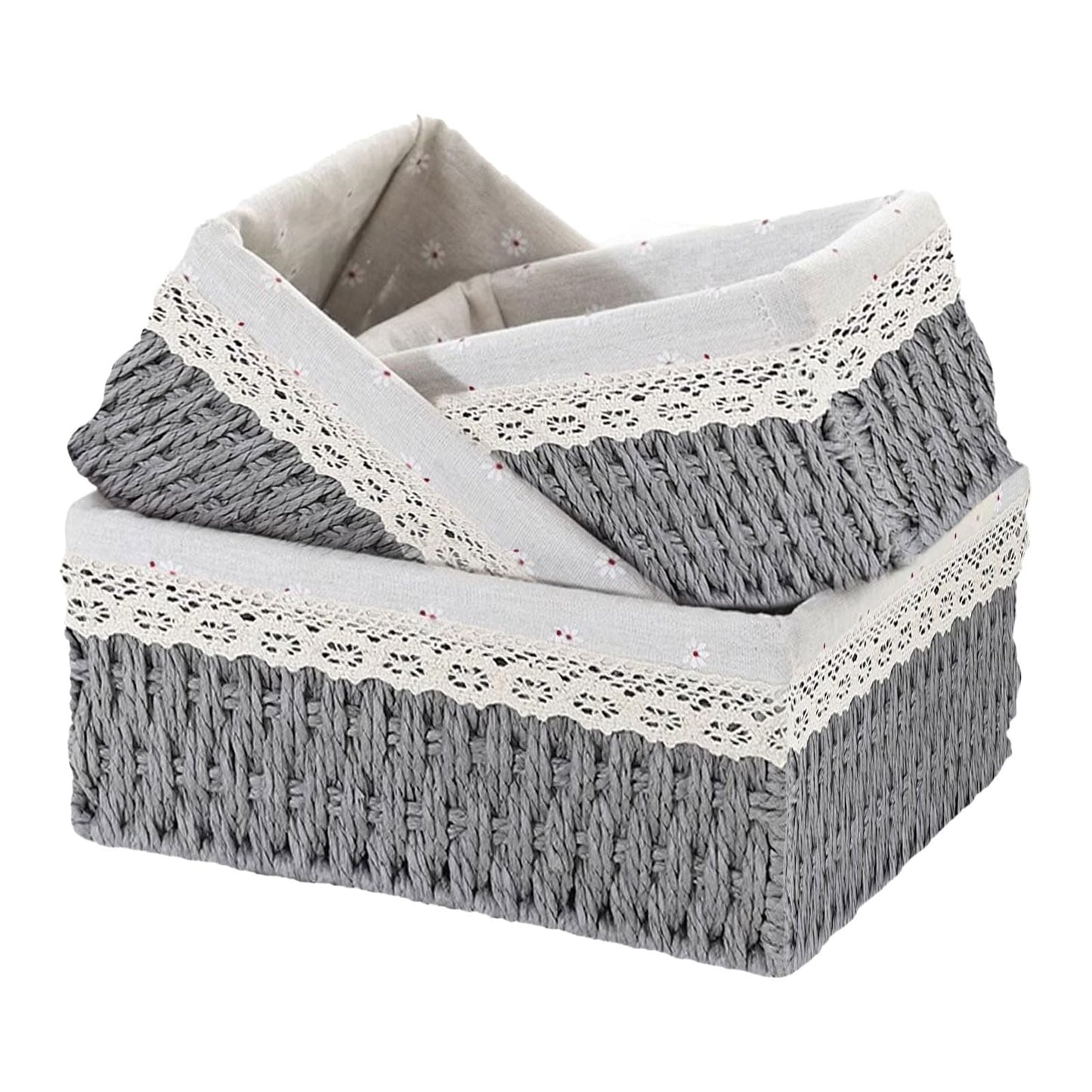KiKiHong Set of 3 Rope Woven Storage Baskets Grey Wicker Basket