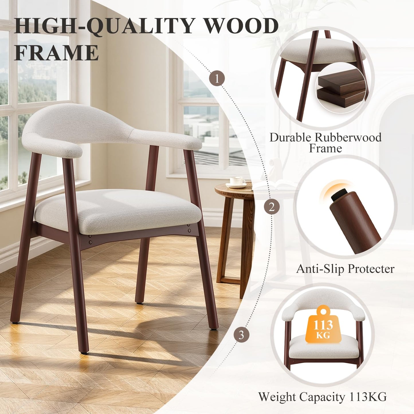 MALOL Wooden Dining Chairs Set of 6, Fabric Chairs for Dining Room with Armrest, Upholstered Kitchen Chairs with Curved Back and Wood Legs for Dining