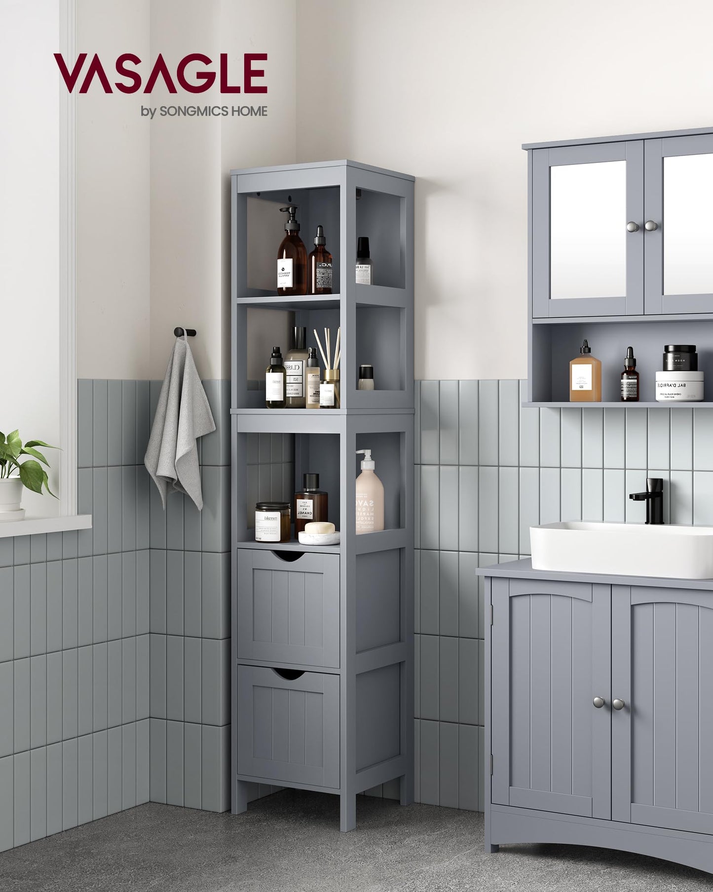 VASAGLE Bathroom Floor Cabinet, Freestanding Bathroom Storage Unit, with 2 Drawers, 3 Open Compartments, for Bathroom, Living Room, Kitchen, Modern