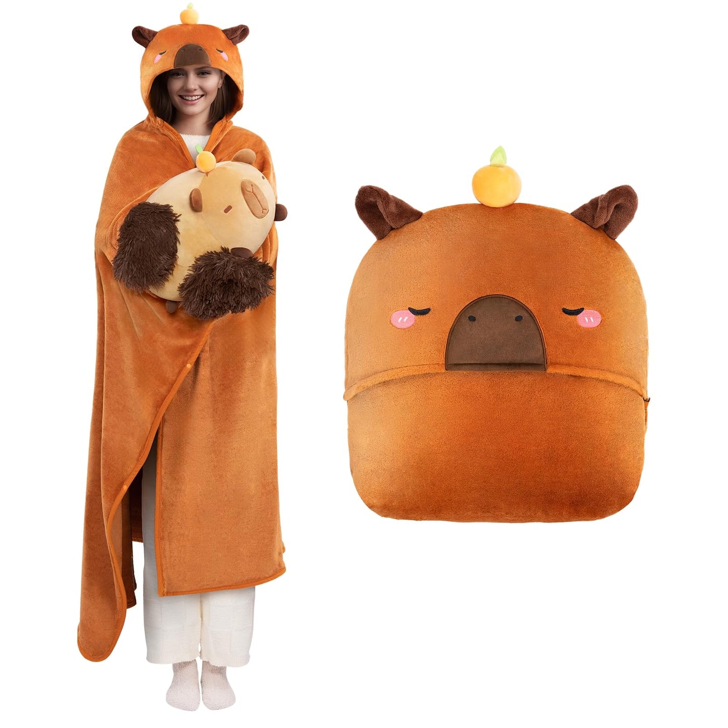 Mewaii Oversized Wearable Blanket Hoodie Kawaii Capybara Hooded Cloak,Soft Plush Flannel Blanket Hoodie,Unisex Cozy Blanket for Kids Women Men,Great