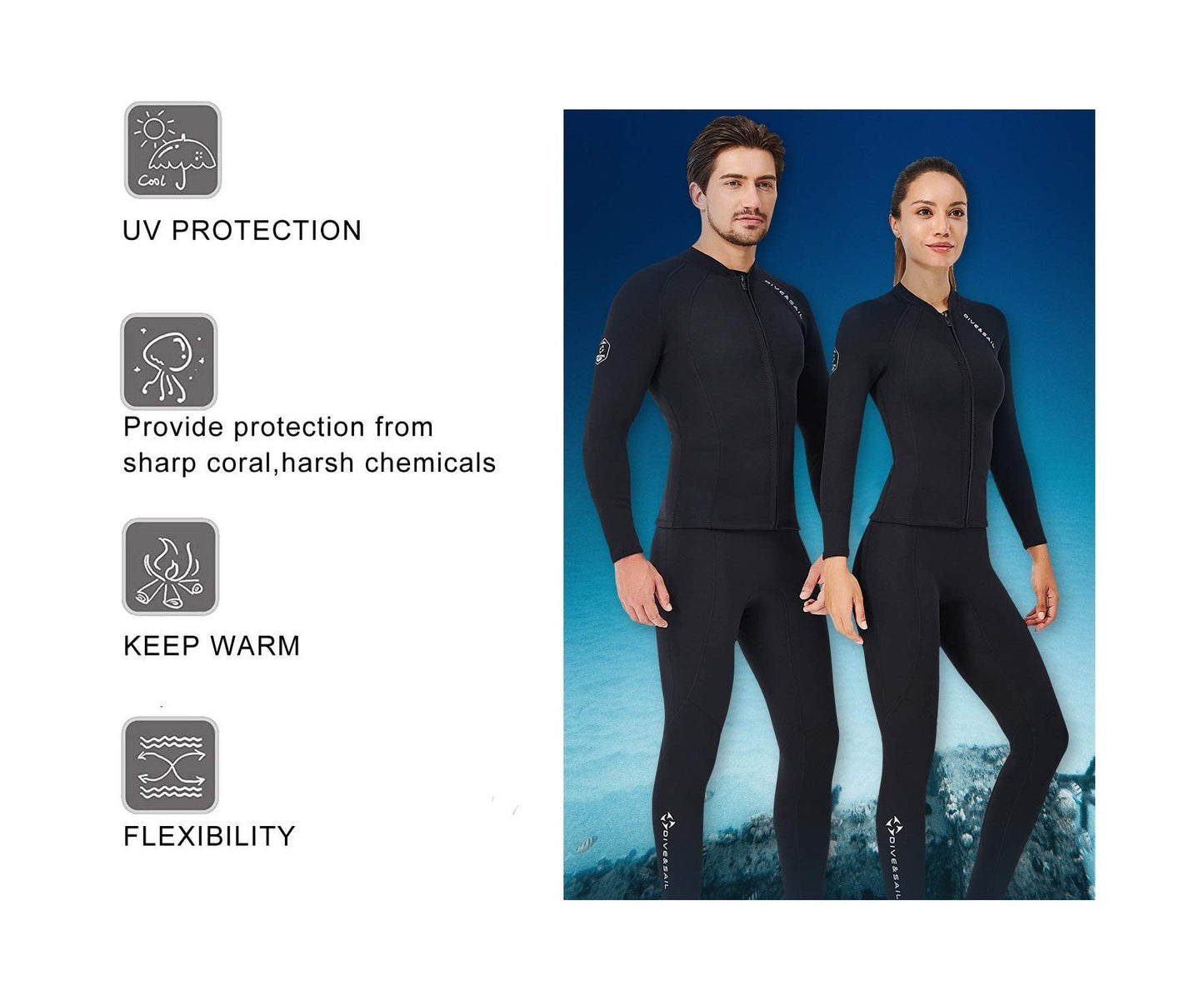 EUPTE 2mm Wetsuits Women/Men Long Sleeve Jacket UPF50+ UV Protection Diving Skin Suit Top for Scuba Diving Snorkeling Surfing Swimming (women, L)