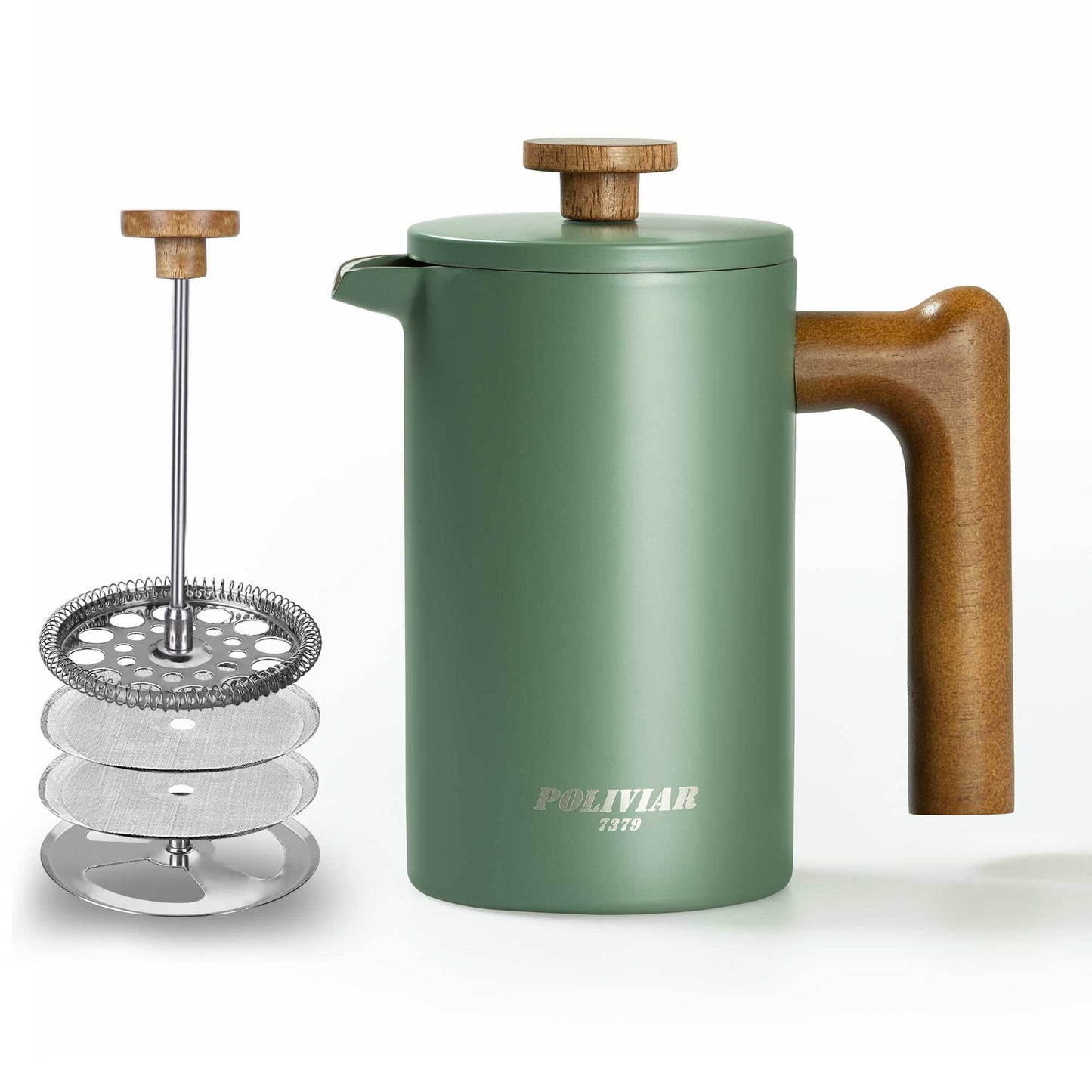 POLIVIAR Cafetiere 4 Cup, French Press Coffee Maker with Wood Handle, Double Walled Insulated Cafetiere &1 Extra Filter, Insulated 600ml French Press