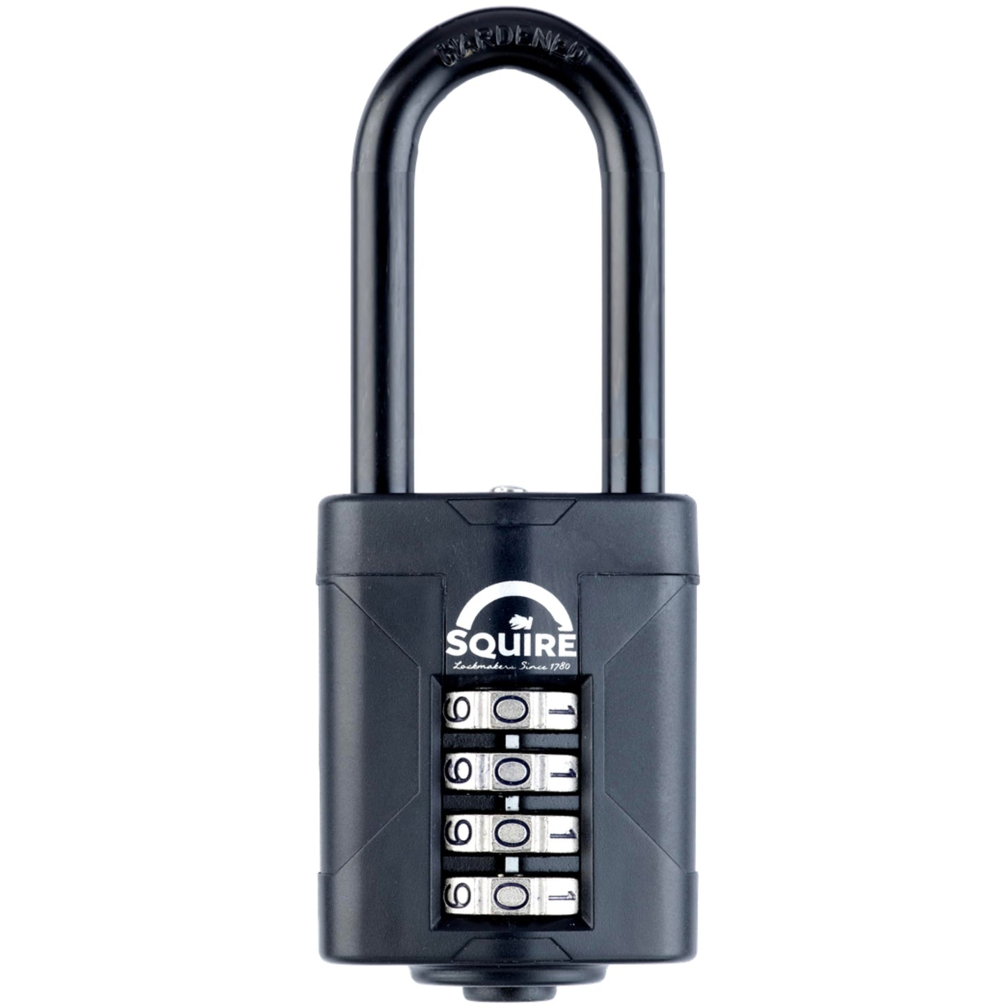 Squire Heavy Duty Padlock (CP50BLACK/2.5)- Hardened Steel 2.5 Extra Long Shackle-4 Wheel 50mm Wide Combination Padlock (Black) - Corrosion Resistance