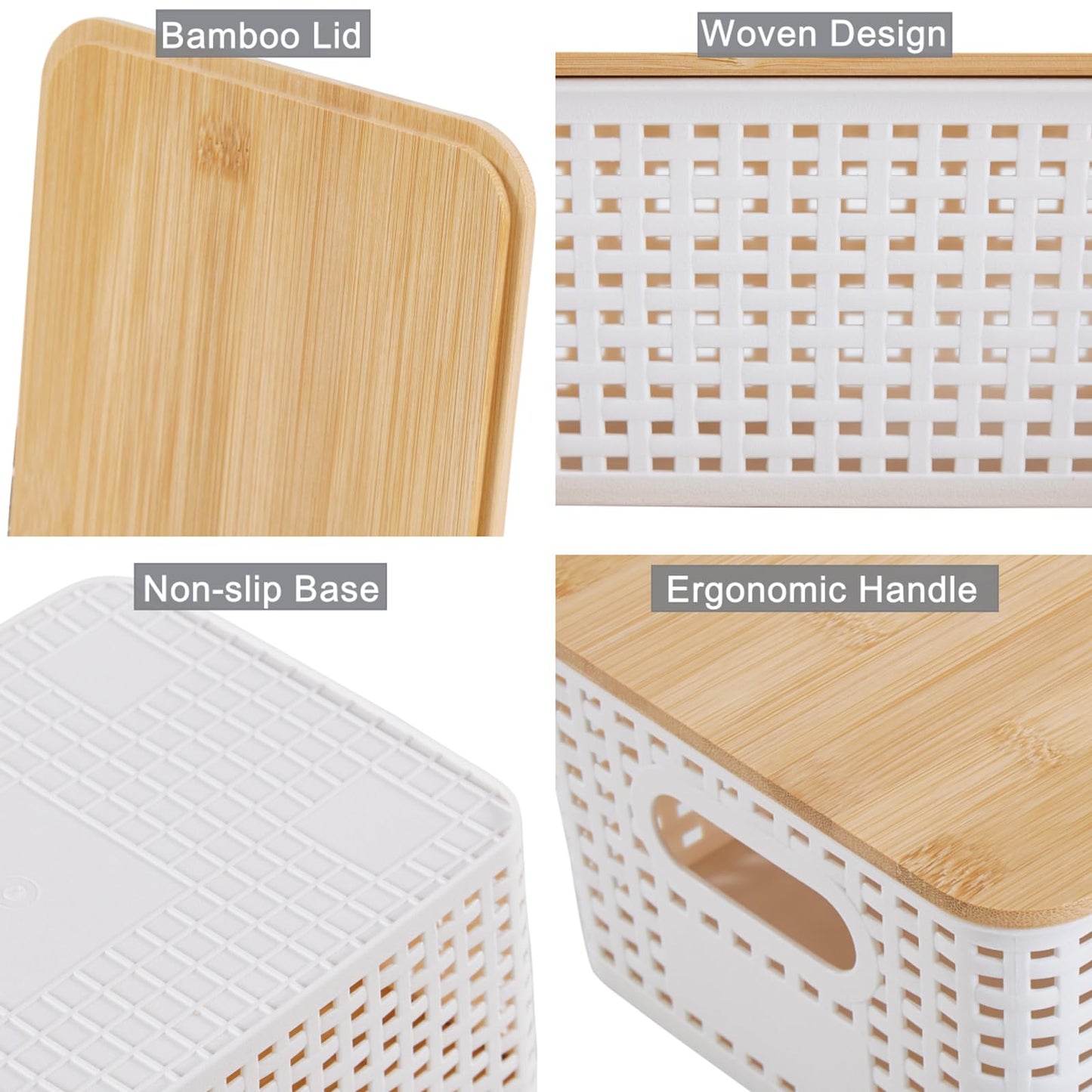 Mangata 6 Pack Storage Boxes with Bamboo Lid, Stackable Storage Baskets White