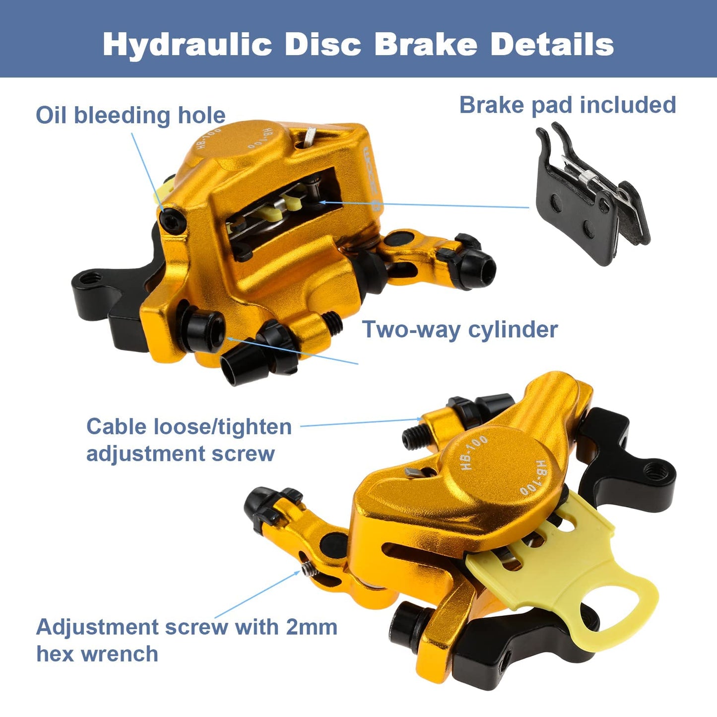 Mgoodoo MTB Hydraulic Disc Brake Set, Bicycle Disc Brake Sets Front and Rear Line Pulling Hydraulic Disc Brake, Gold, Discs 160 mm