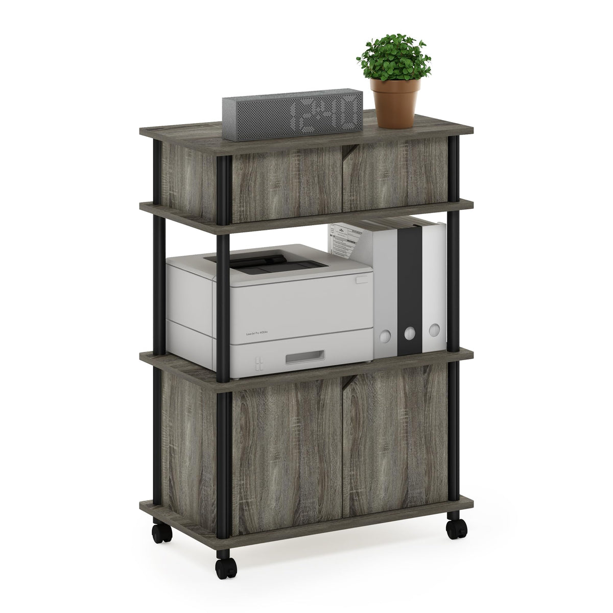 Furinno TURN-N-TUBE Printer Stand with Storage, 4-Tier Printer Table with with Storage Cabinet and Casters, Open Frame Standing Shelf, for CPU