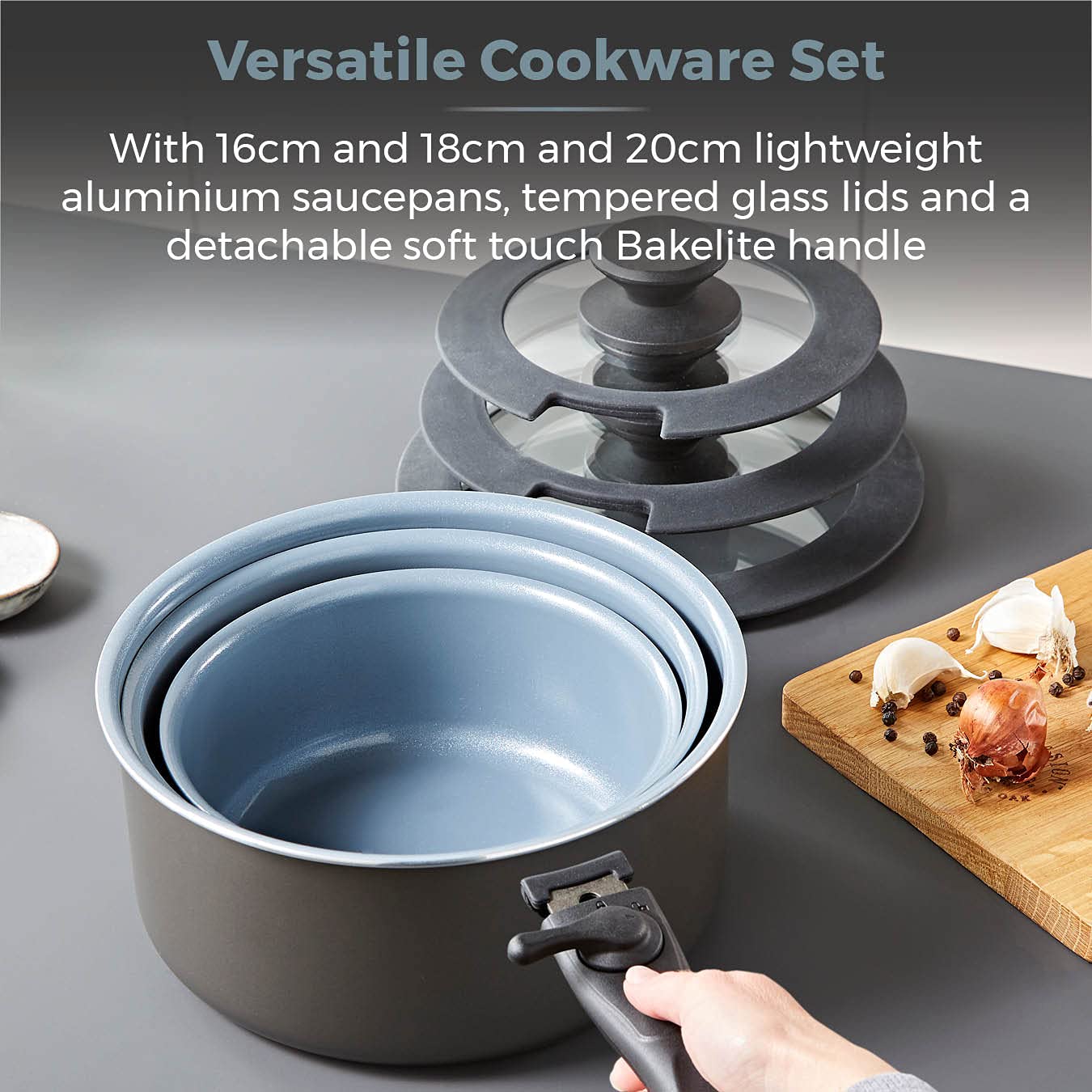 Tower Freedom T800201 7 Piece Cookware Set with Ceramic Coating, Stackable Design and Detachable Handle, Graphite, Aluminium, Black