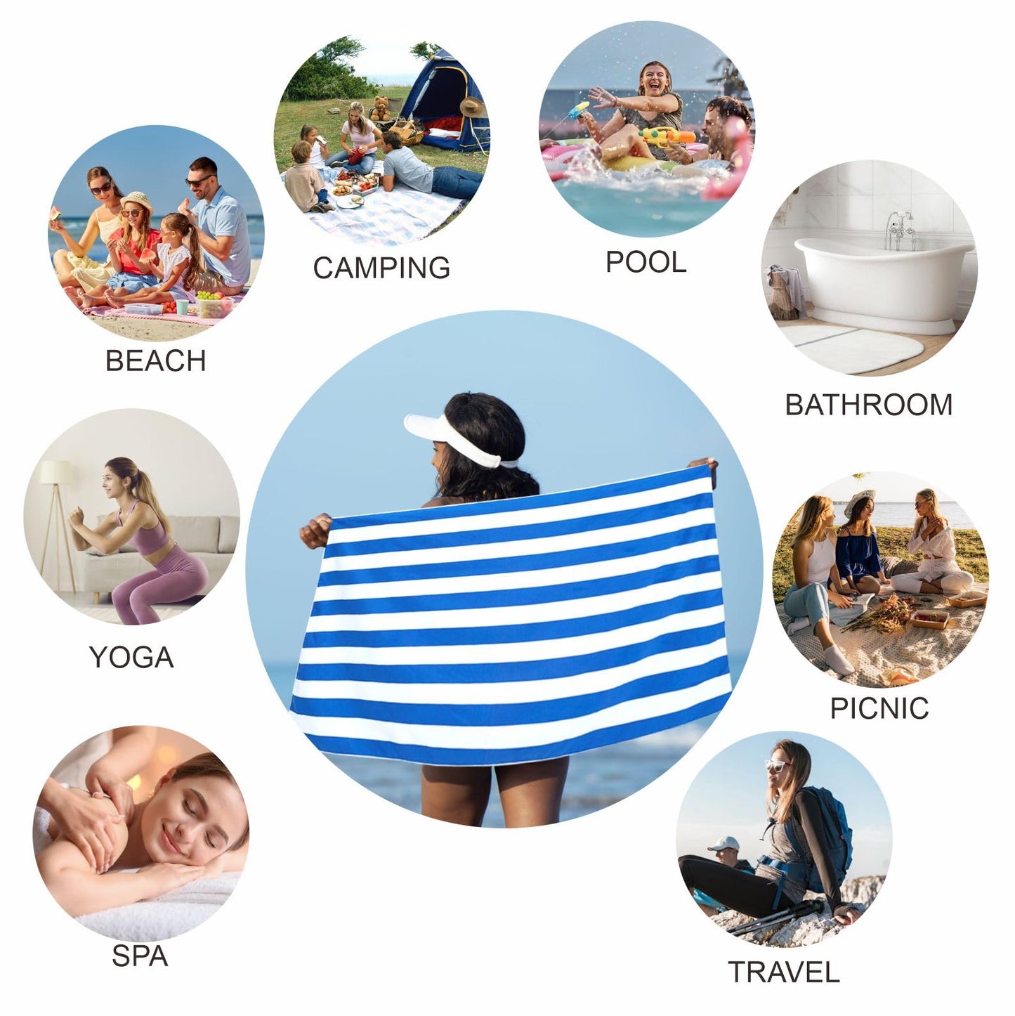 Large Quick Dry Microfibre Beach Towel 160x90cm, Double Sided Blue & White Striped Lightweight Travel Towel with Carry Bag