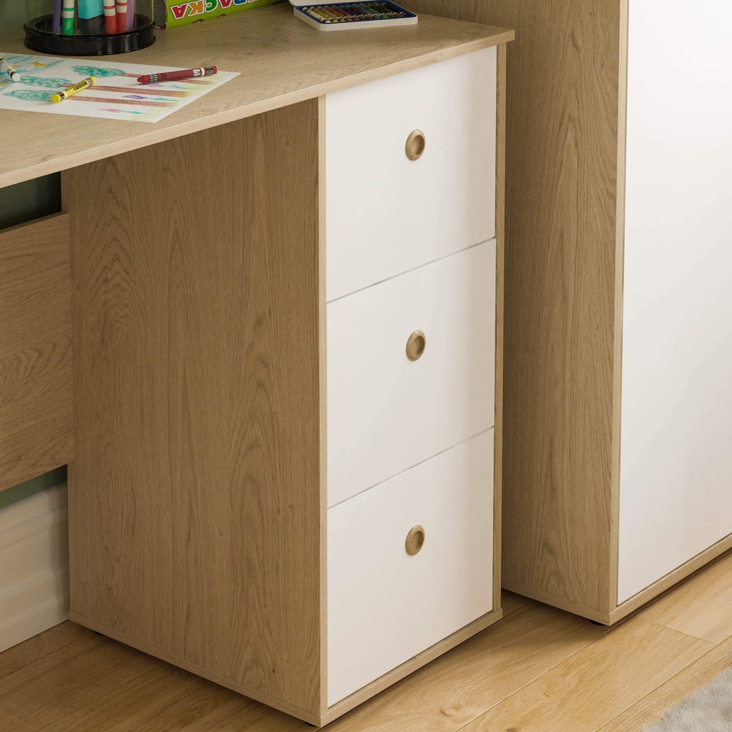 Junior Vida Neptune 3 Drawer Desk Computer Dressing Table PC/Laptop Home Study Workstation Children Kids Furniture (White & Oak)