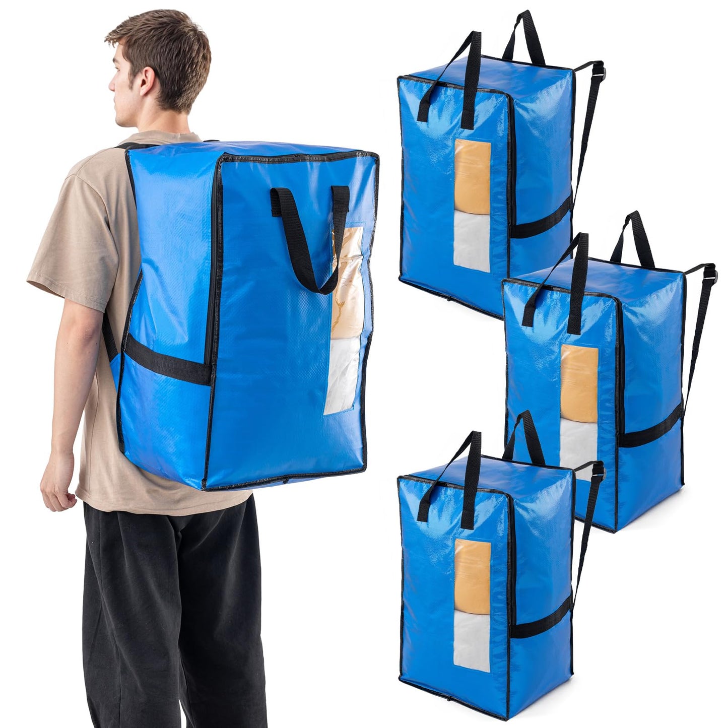 TAILI Backpack Moving Bags, Clothes Storage, Strong Handles, 4 Pack Blue