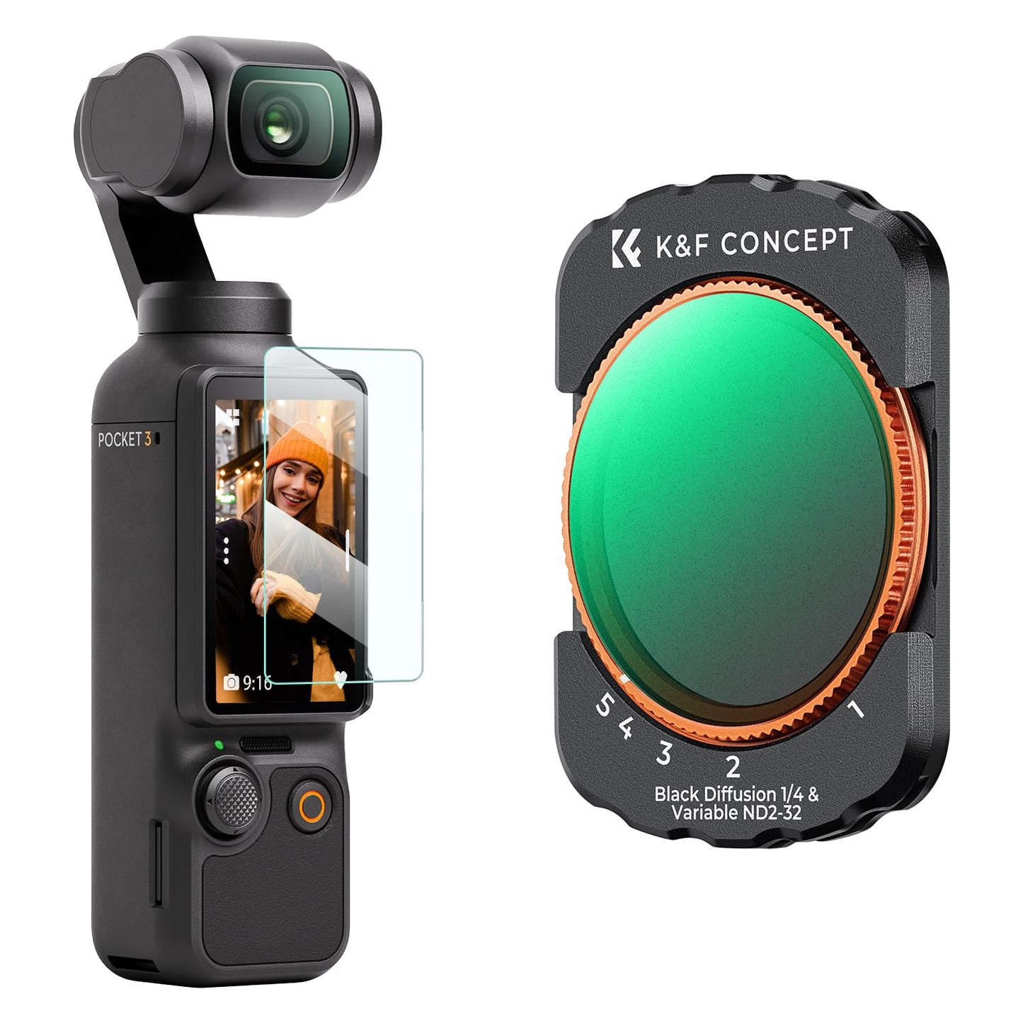 K&F CONCEPT 2-in-1 filter for Osmo Pocket 3- Black-mist 1/4 & ND2-32 -Compatible with DJI Osmo Pocket 3, Black diffusion Variable ND Filter 5 Stop