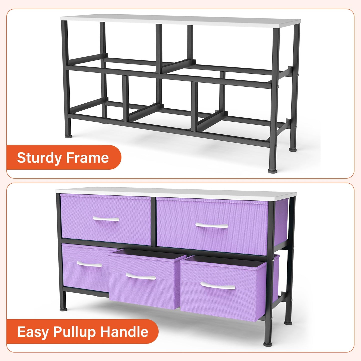 Feonase Bedroom Chest of Drawers, 5 Fabric Drawers Dresser with Metal Frame and MDF Top Board, Modern Storage Unit for Bedroom Living room, Entryway