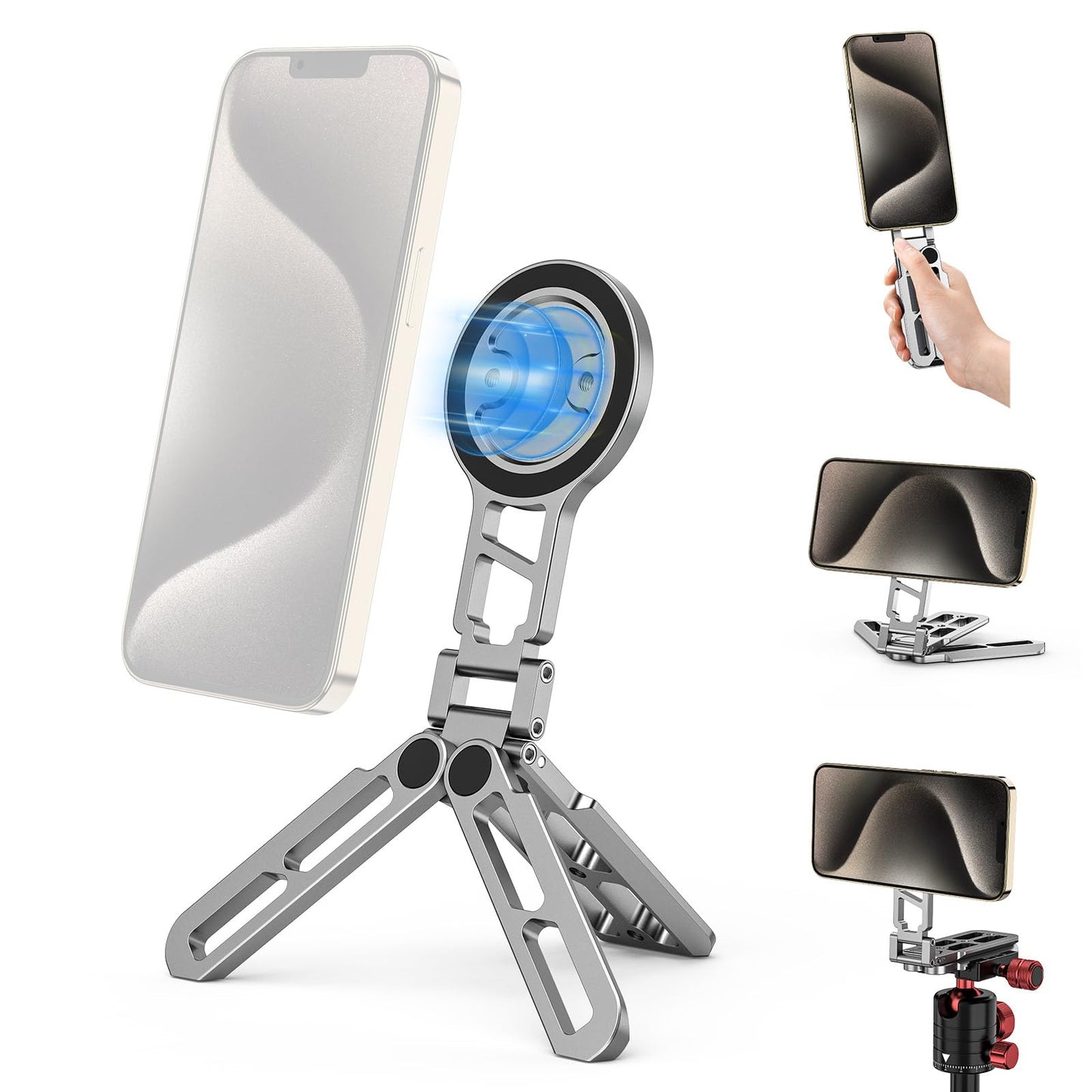 Magnetic Pocket Phone Tripod,Foldable Tripod Mount,Smartphone Holder Desk Stand,Handle Stick with Arca-Swiss,Cold Shoe Mount for iPhone