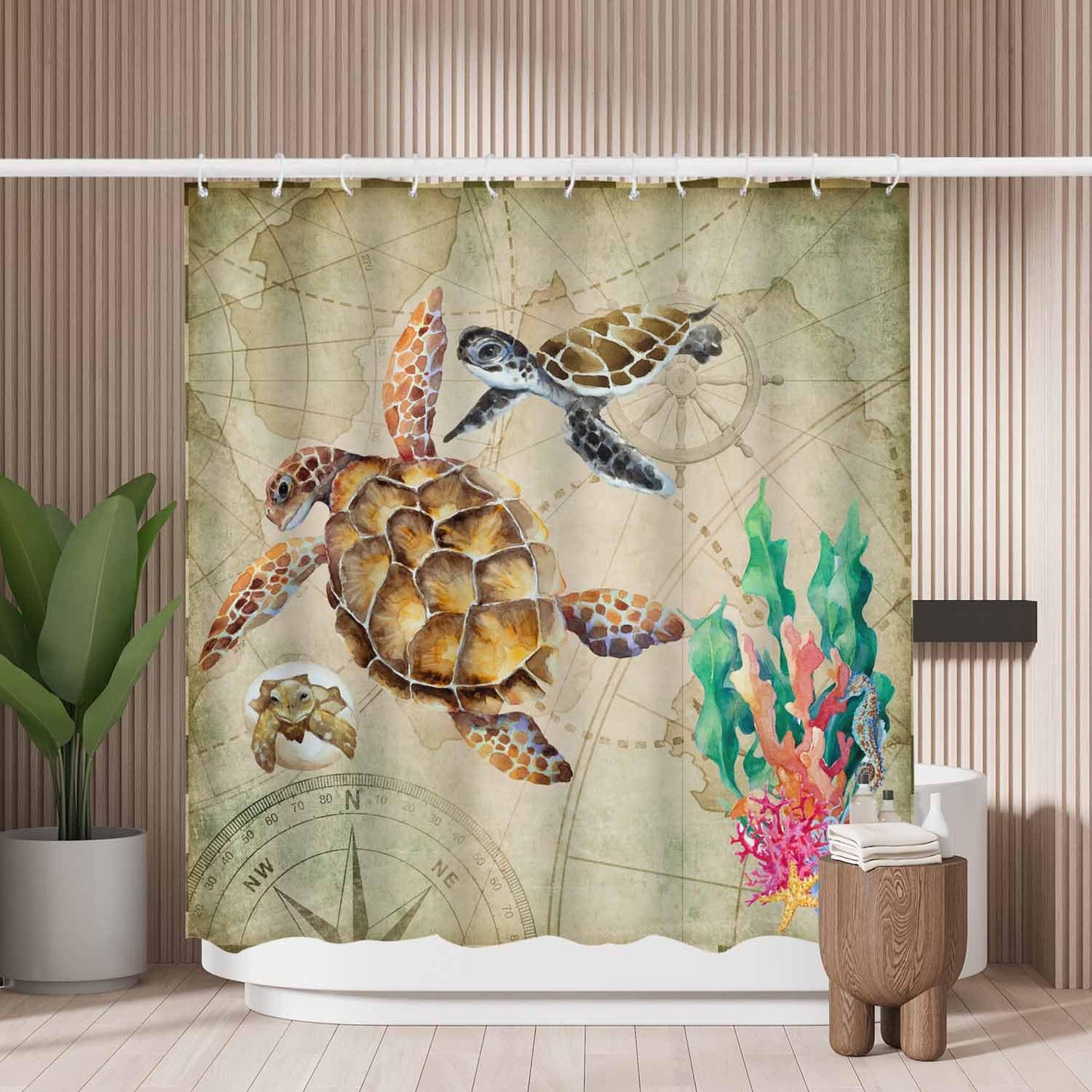Woutay Shower Curtain Water Repellant Fabric Sea Turtle Old Pirates Map,Mould Proof Resistant,Polyester,with 12 Plastic Hooks