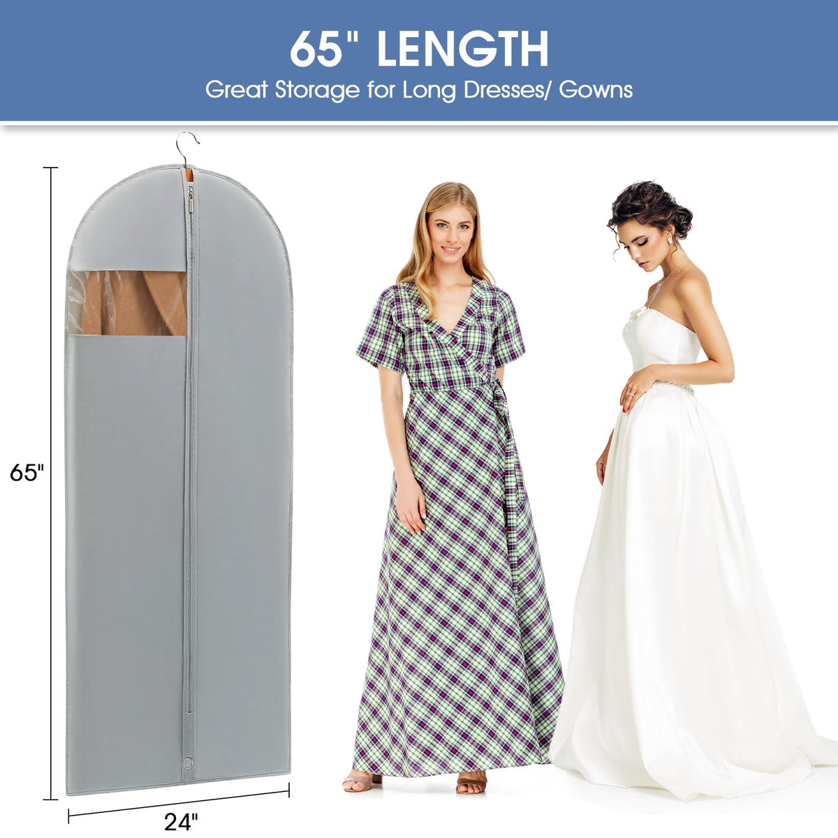 Perber Dress Bags for Gowns, 65'' Long Garment Bags for Hanging Clothes, Dress Garment Bag, Grey Dress Cover with Clear Window for Dresses, Coats